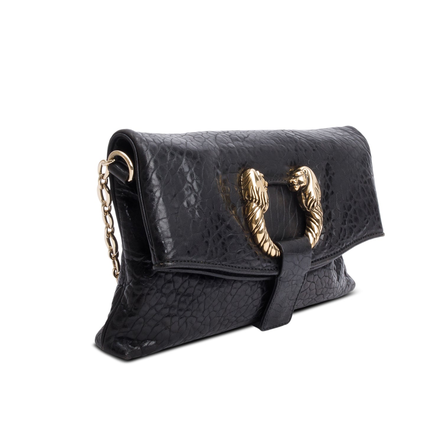 Bvlgari Black Leoni Leather Clutch w/ Chain Strap