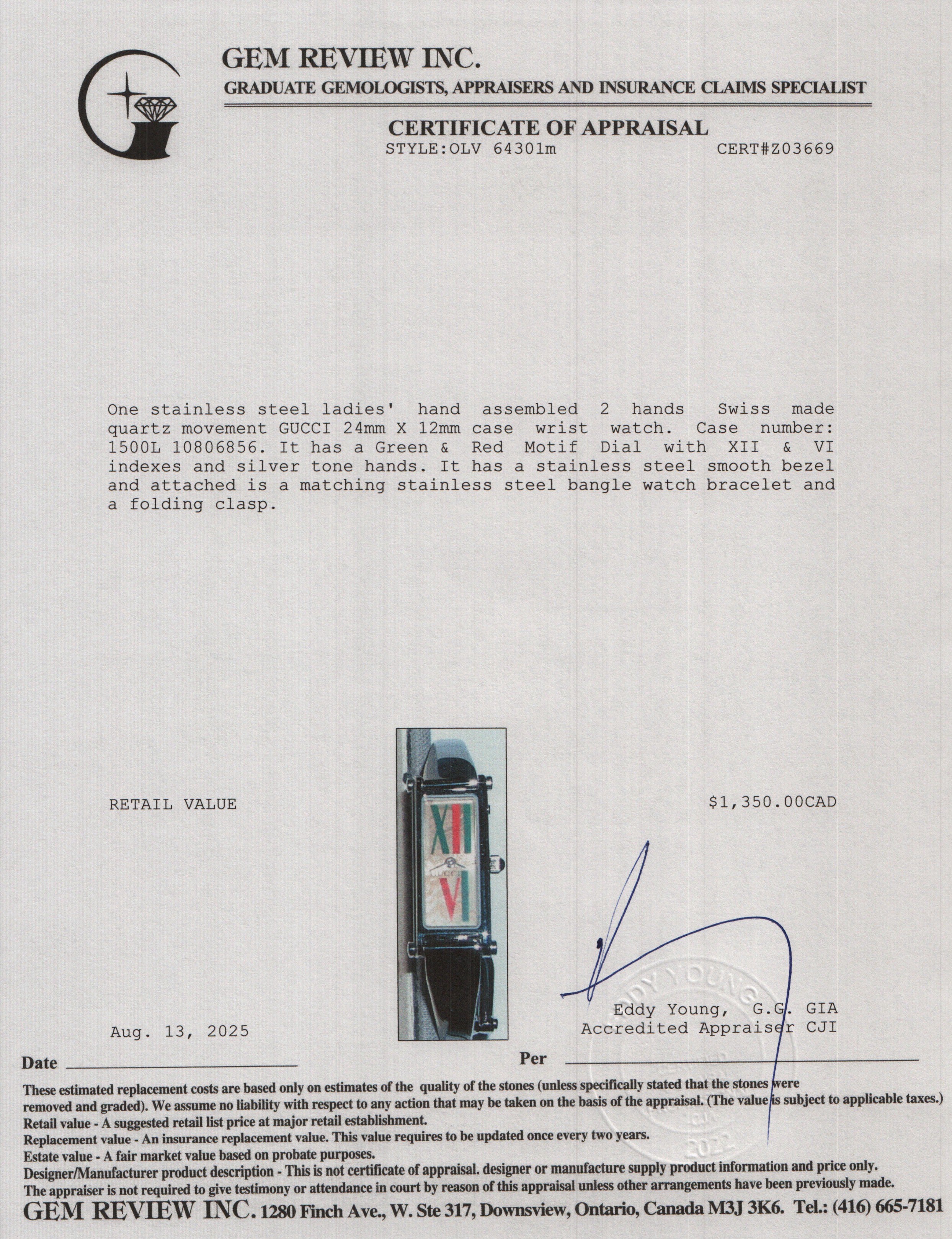 Gucci Stainless Steel 1500 Series Quartz Watch Green & Red Motif Dial