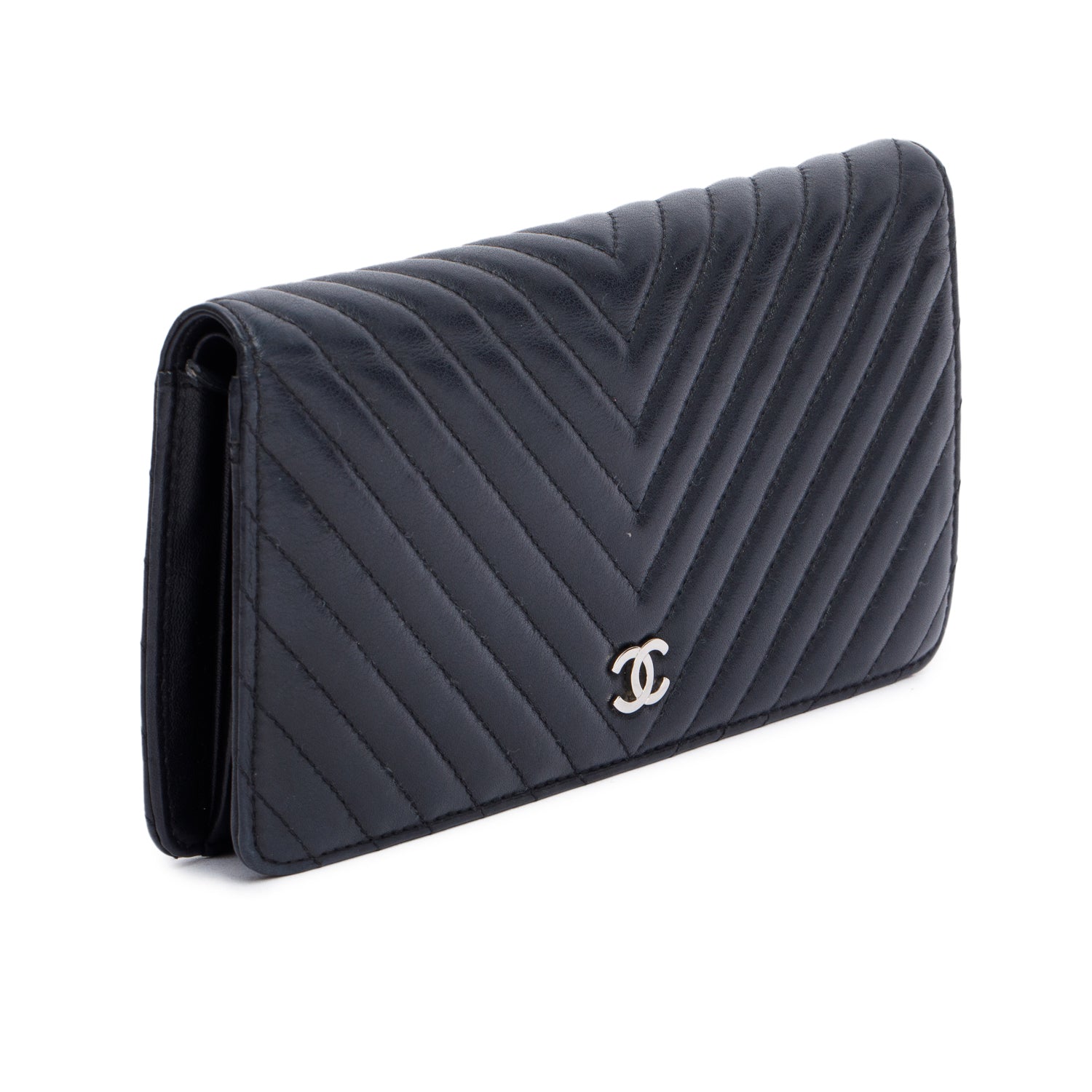 Chanel Black Lambskin Chevron Bi-Fold Wallet w/ Authenticity Card