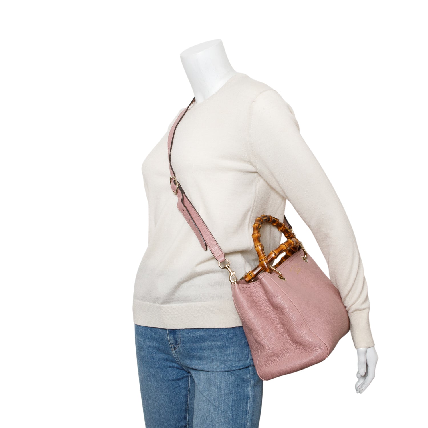 Gucci Pink Pebbled Calfskin Leather Medium Bamboo Shopper Tote w/ Strap