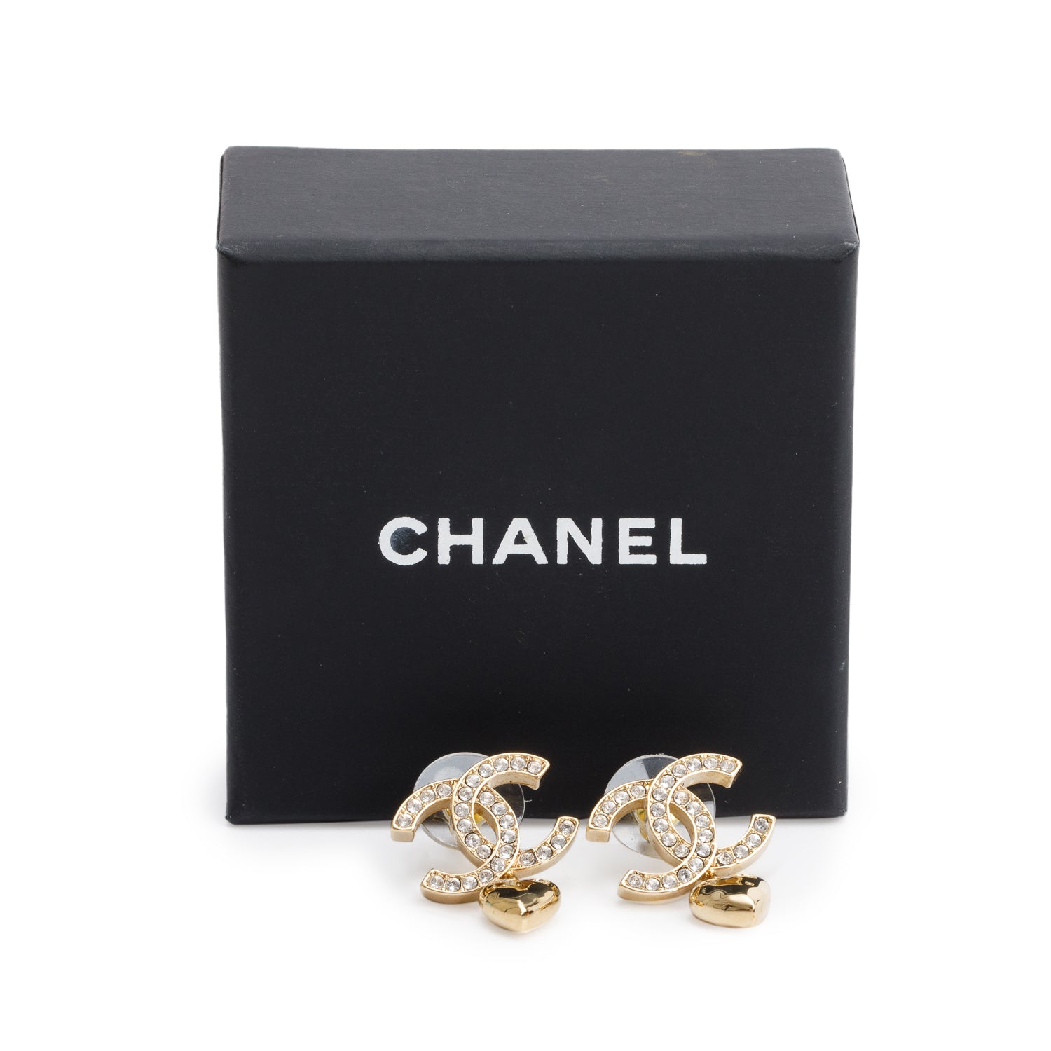 Chanel 2023 Gold-Plated Strass CC Heart Drop Earrings w/ Box