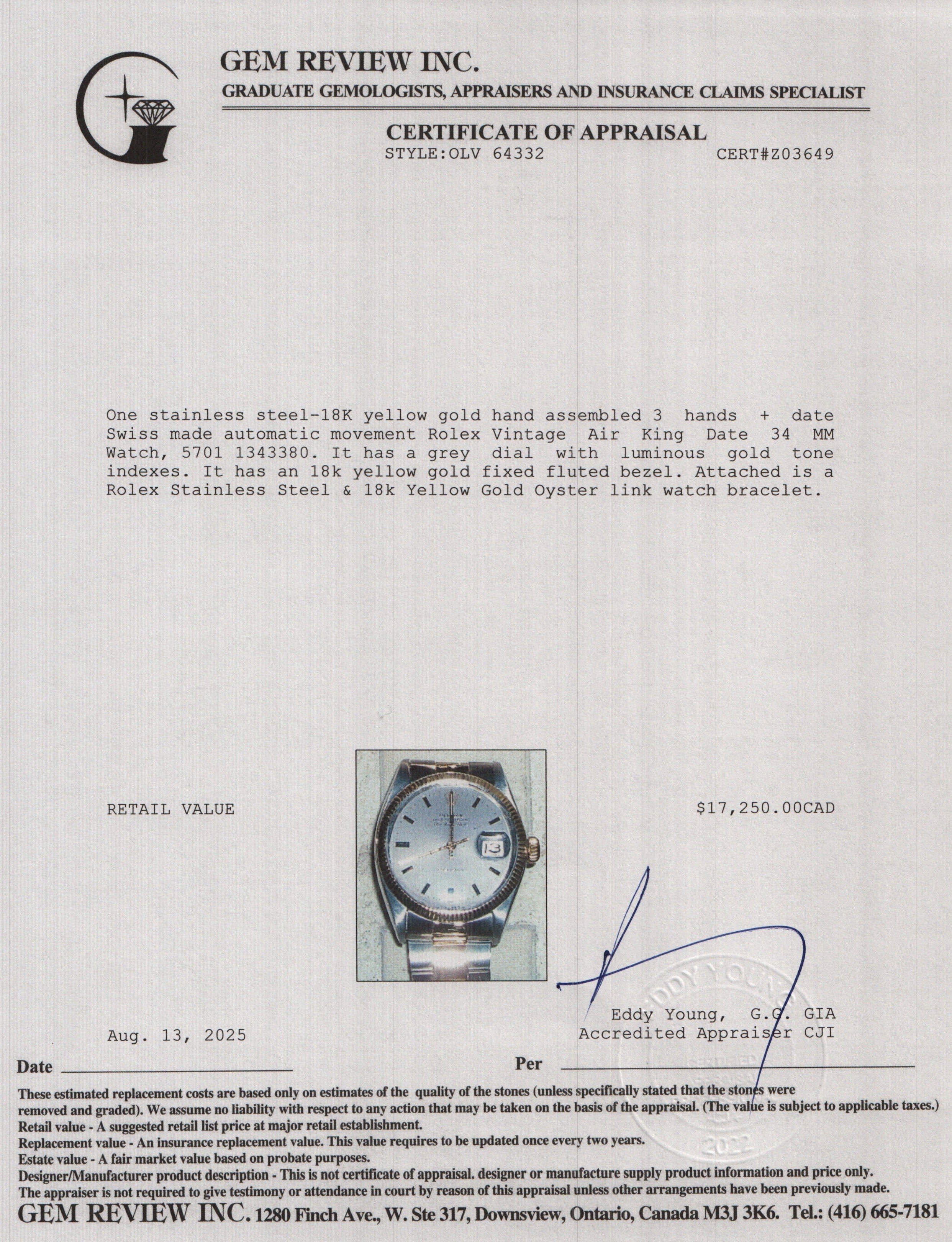 Rolex Vintage Stainless Steel & 18k Yellow Gold Air King Date 34 MM Watch 5701