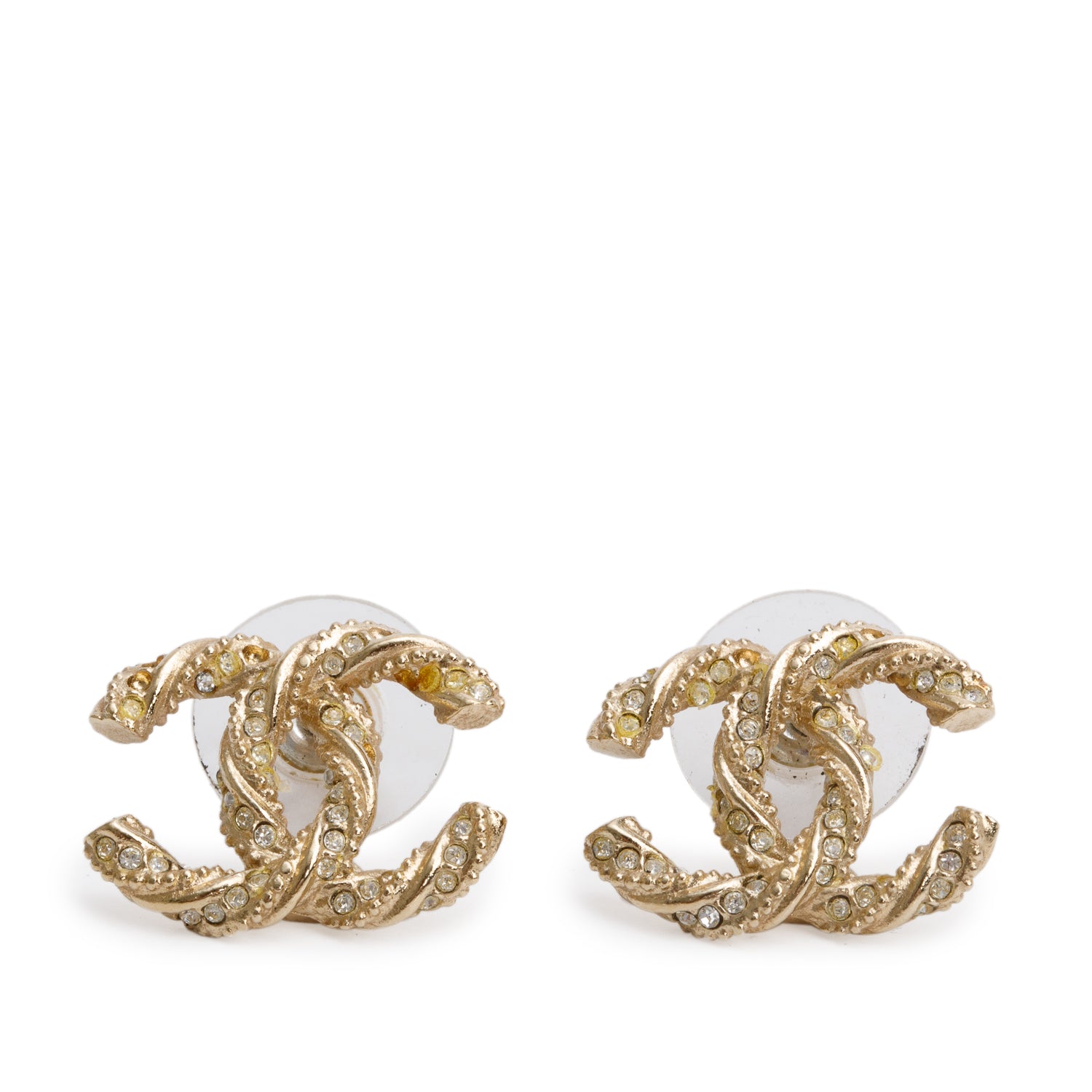 Chanel Gold-Plated Strass CC Twist Stud Earrings w/ Box