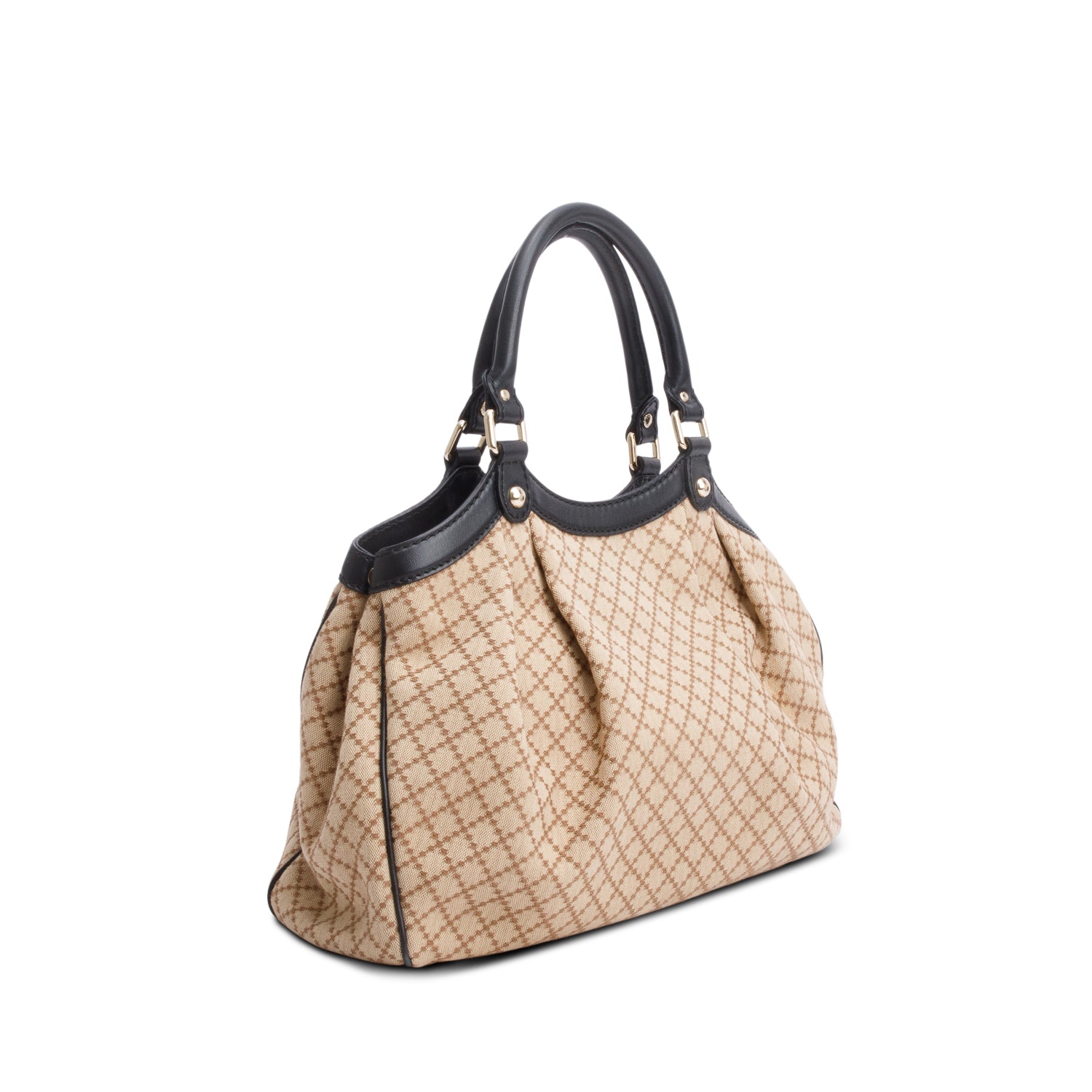 Gucci Beige Diamante Canvas Black Leather Trim Medium Sukey Bag