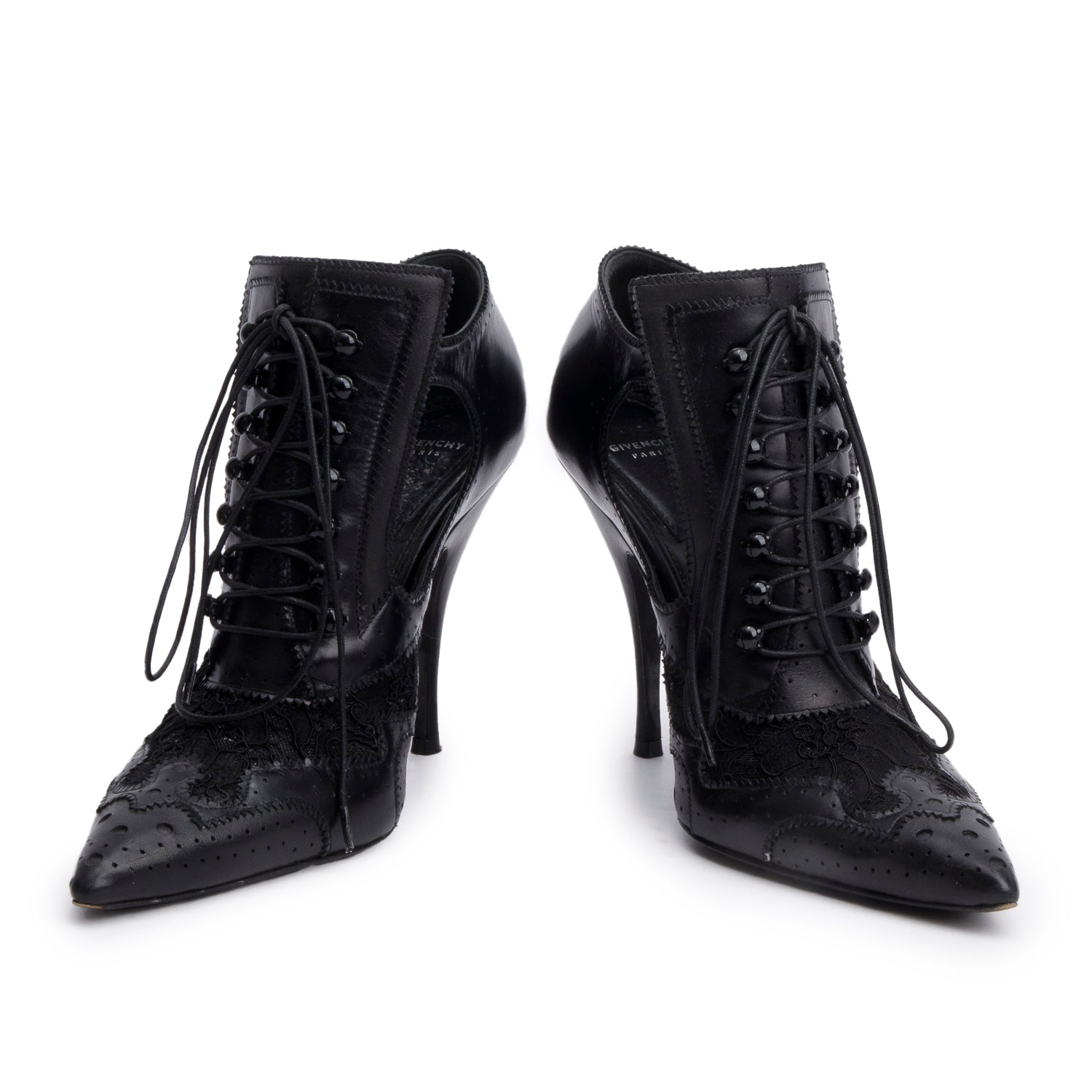 Givenchy Black Baroque Leather Bottine Show Lace Up Ankle Boots, Size 37 w/ Box