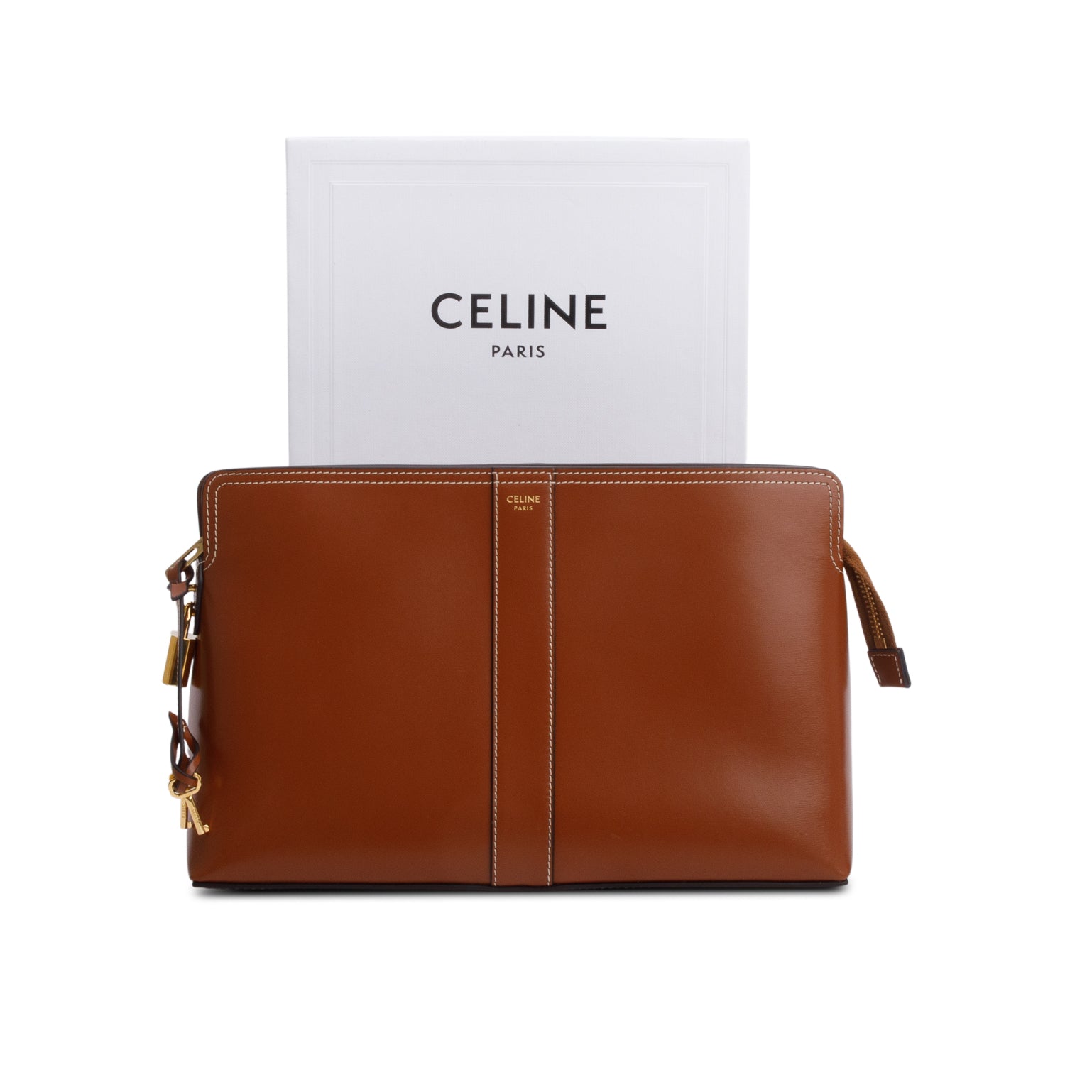 Celine 2024 Tan Shiny Calfskin Leather Lock Toiletry Pouch w/ Box