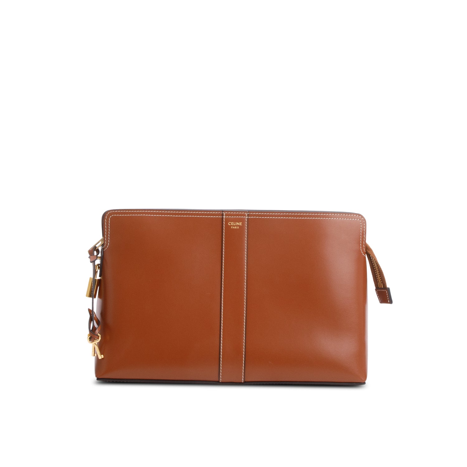 Celine 2024 Tan Shiny Calfskin Leather Lock Toiletry Pouch w/ Box