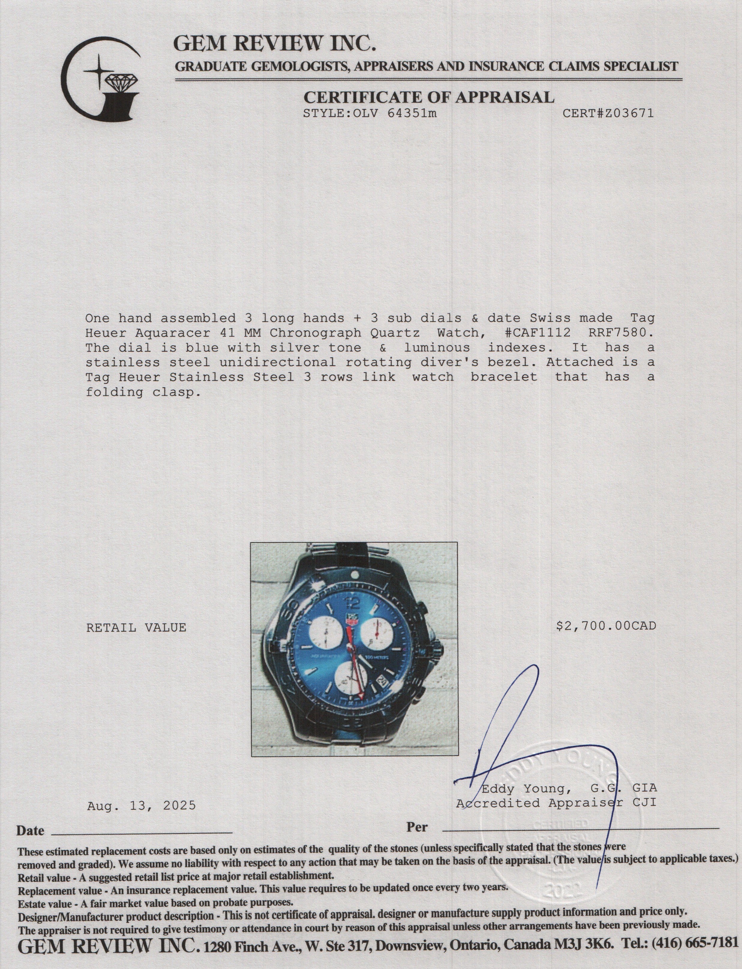Tag Heuer Stainless Steel Aquaracer 41 MM Chronograph Quartz Watch Blue Dial CAF1112