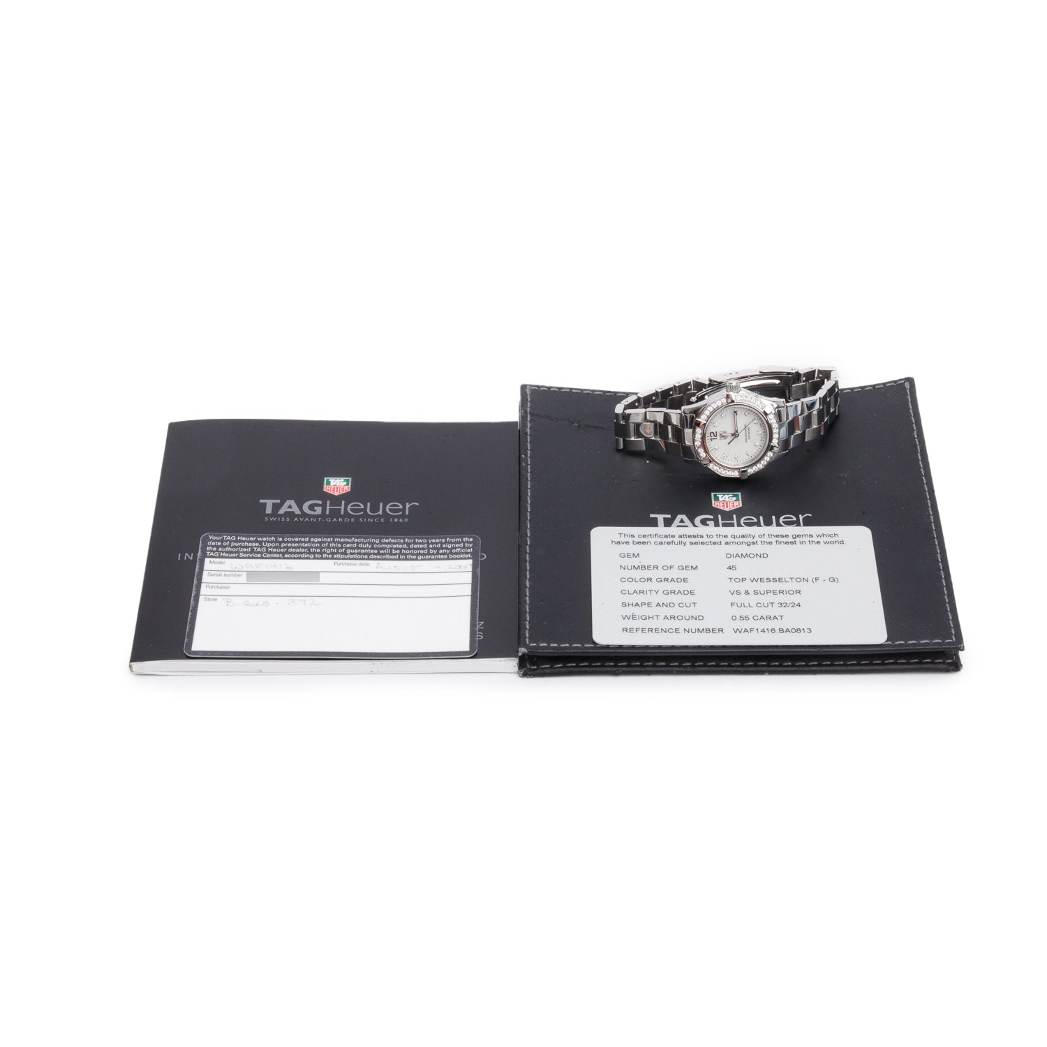 Tag Heuer Stainless Steel Diamond Bezel Aquaracer 27 MM Quartz Watch Mother of Pearl Diamond Dial WAF1416 w/ Papers