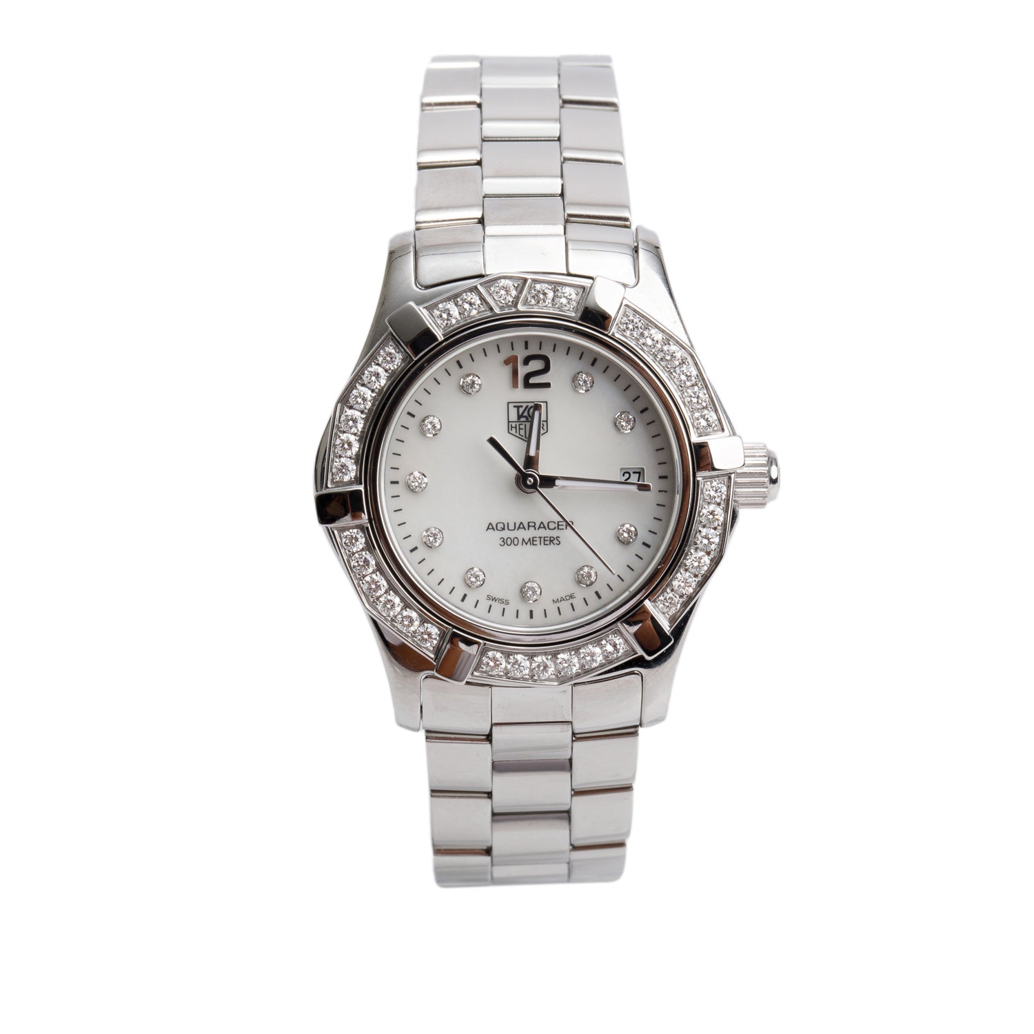 Tag Heuer Stainless Steel Diamond Bezel Aquaracer 27 MM Quartz Watch Mother of Pearl Diamond Dial WAF1416 w/ Papers