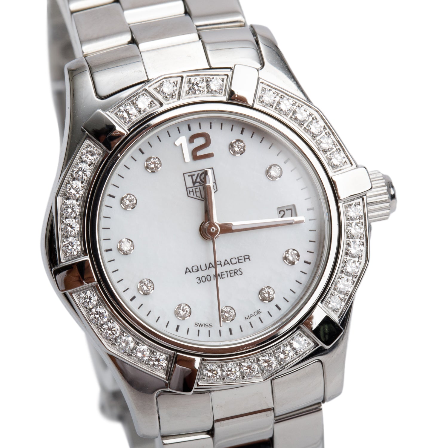 Tag Heuer Stainless Steel Diamond Bezel Aquaracer 27 MM Quartz Watch Mother of Pearl Diamond Dial WAF1416 w/ Papers