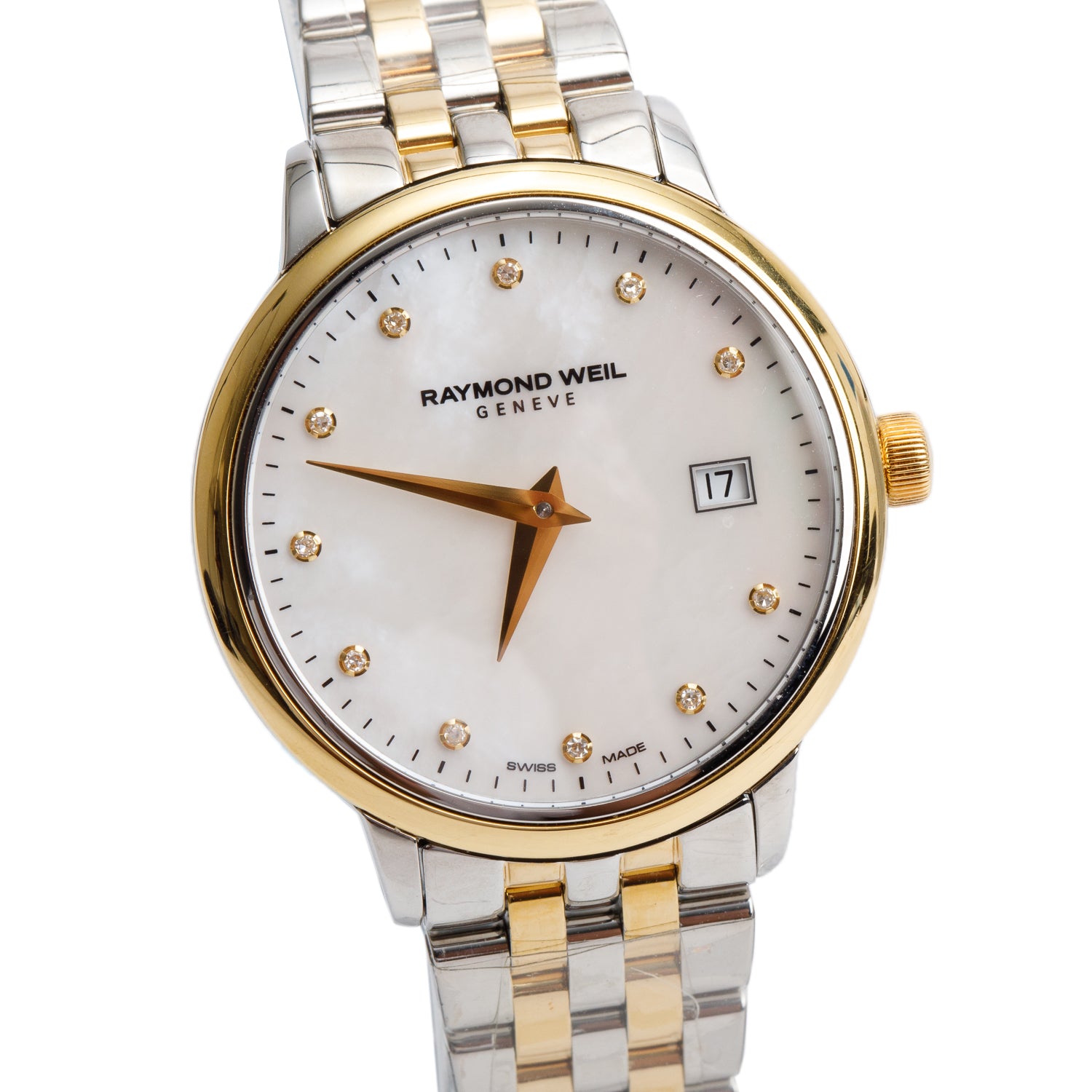 Raymond Weil Yellow Gold PVD & Stainless Steel Toccata 29 MM Quartz Watch Mother of Pearl Diamond Dial 5988 w/ Papers