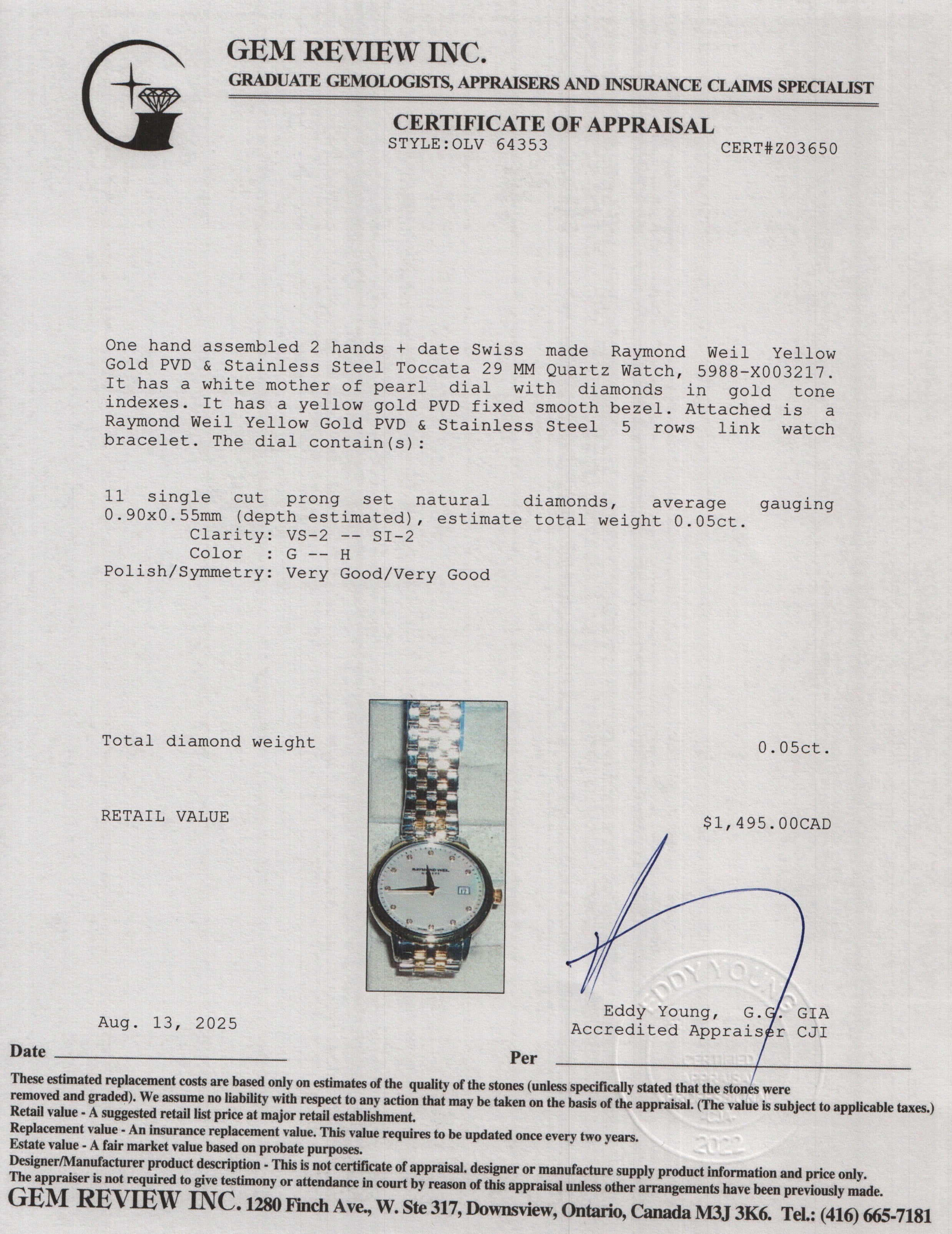 Raymond Weil Yellow Gold PVD & Stainless Steel Toccata 29 MM Quartz Watch Mother of Pearl Diamond Dial 5988 w/ Papers