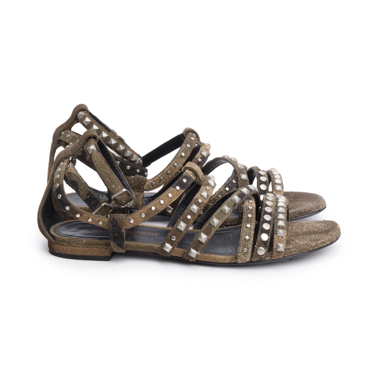 Saint Laurent Camouflage Suede Studded Gladiator Sandals, Size 37 w/ Box