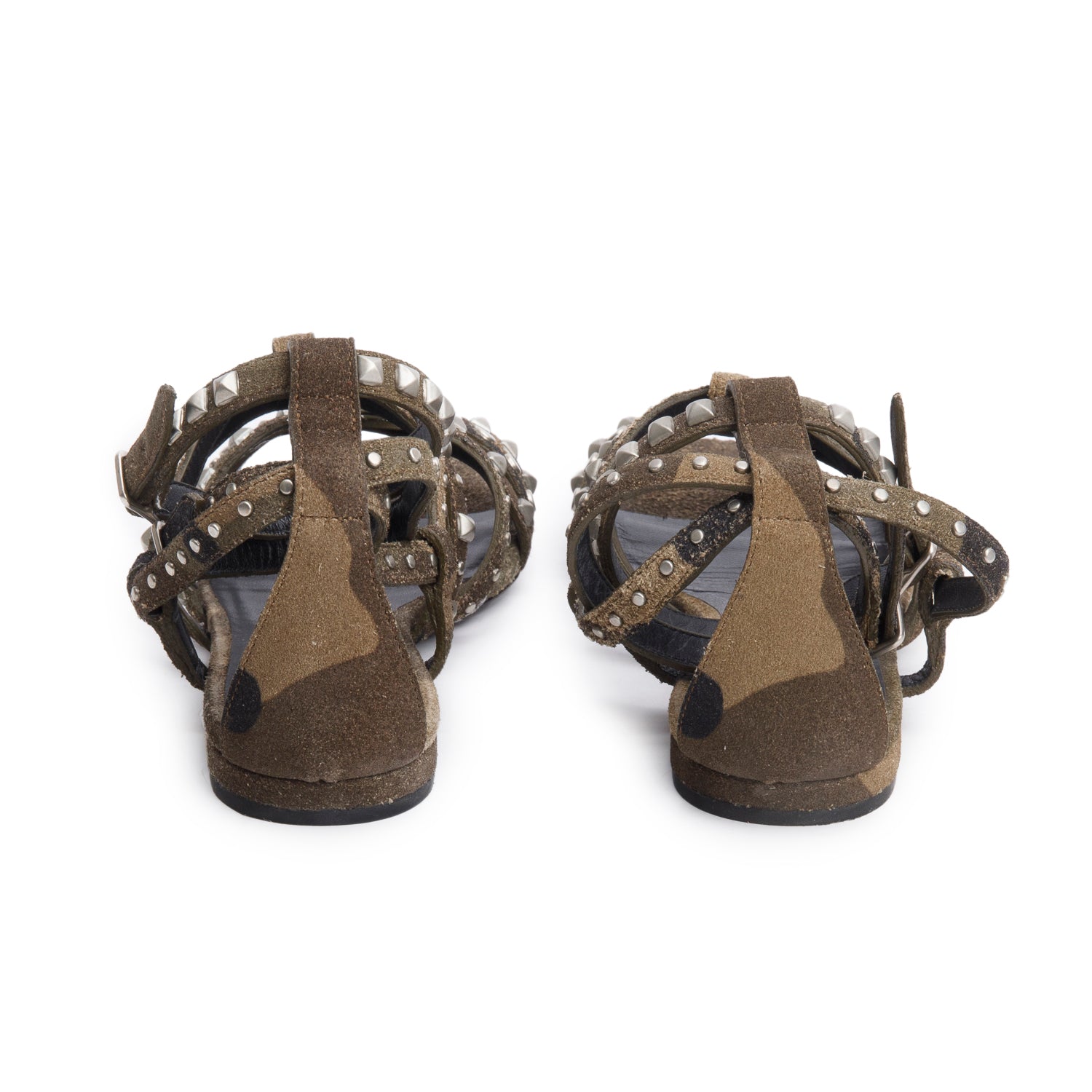 Saint Laurent Camouflage Suede Studded Gladiator Sandals, Size 37 w/ Box