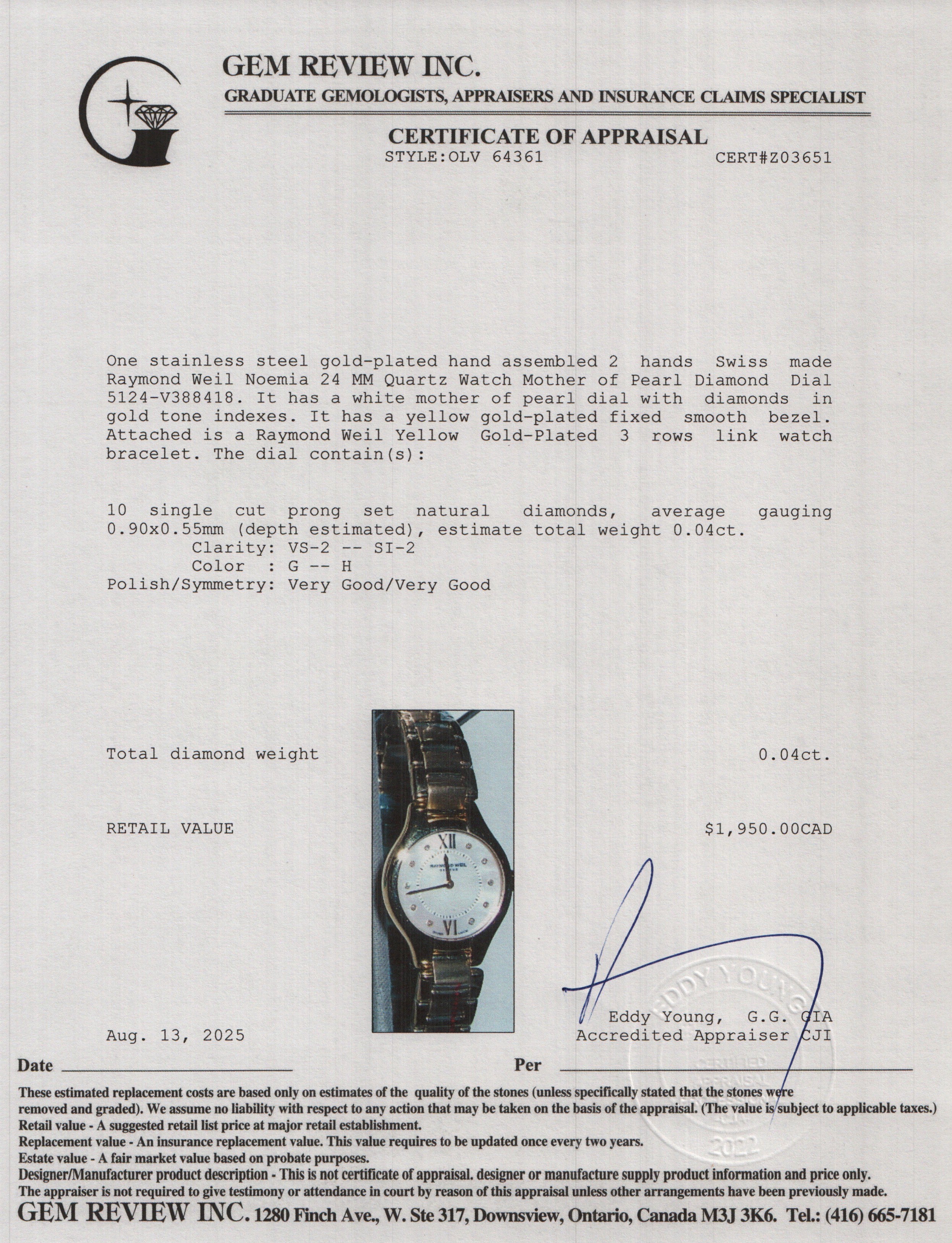 Raymond Weil Gold-Plated Stainless Steel Noemia 24 MM Quartz Watch Mother of Pearl Diamond Dial 5124 w/ Papers