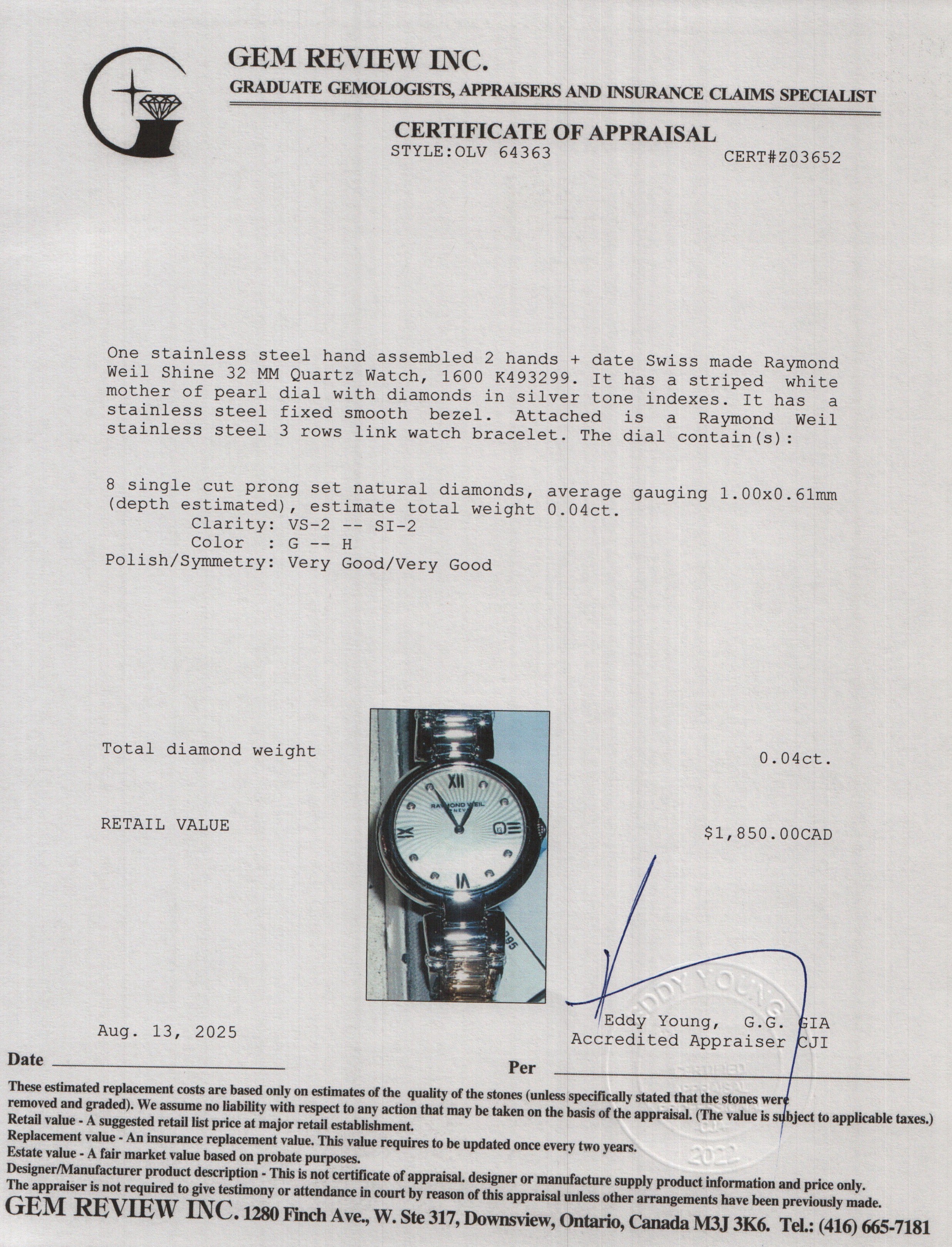 Raymond Weil Stainless Steel Shine 32 MM Quartz Watch Mother of Pearl Diamond Dial 1600 w/ Papers