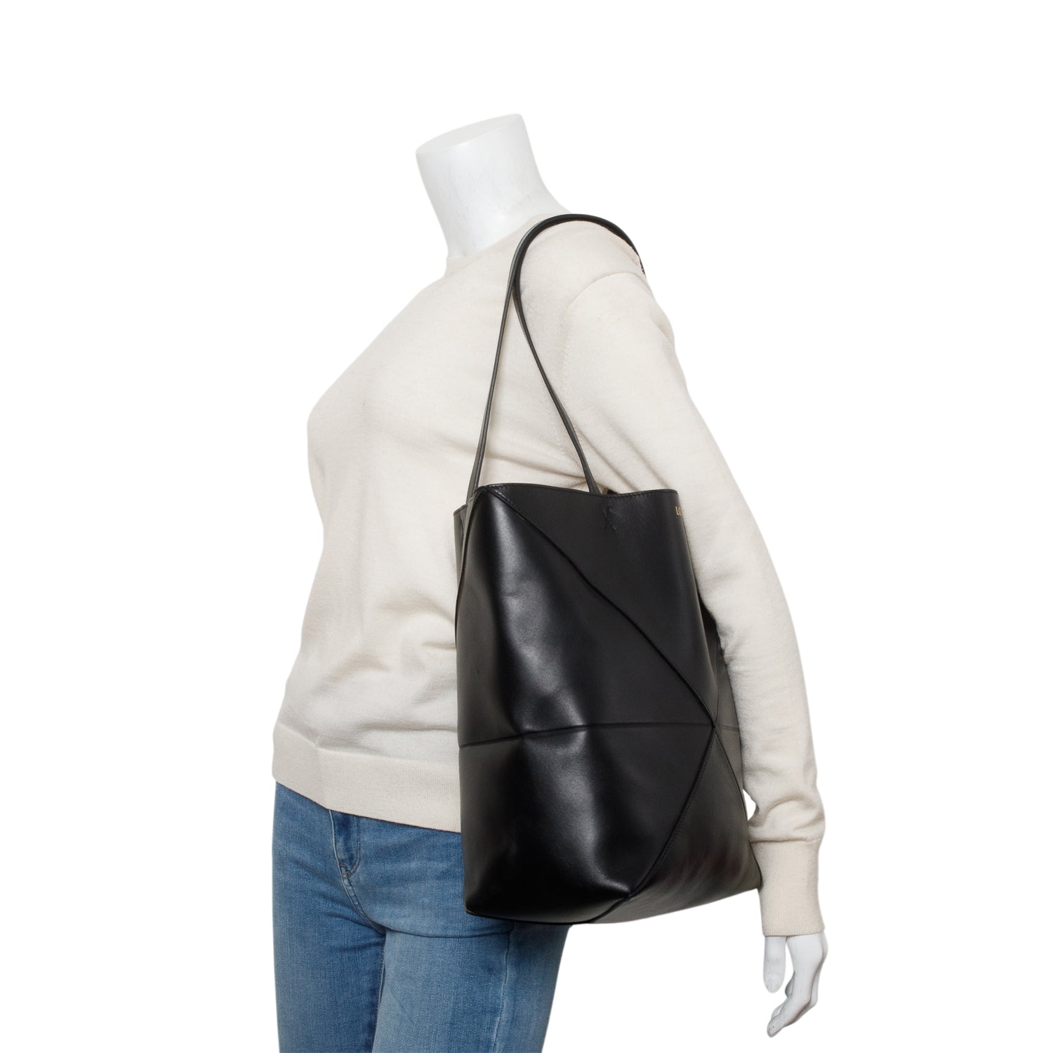 Loewe 2024 Black Shiny Calf Leather Medium Puzzle Fold Tote