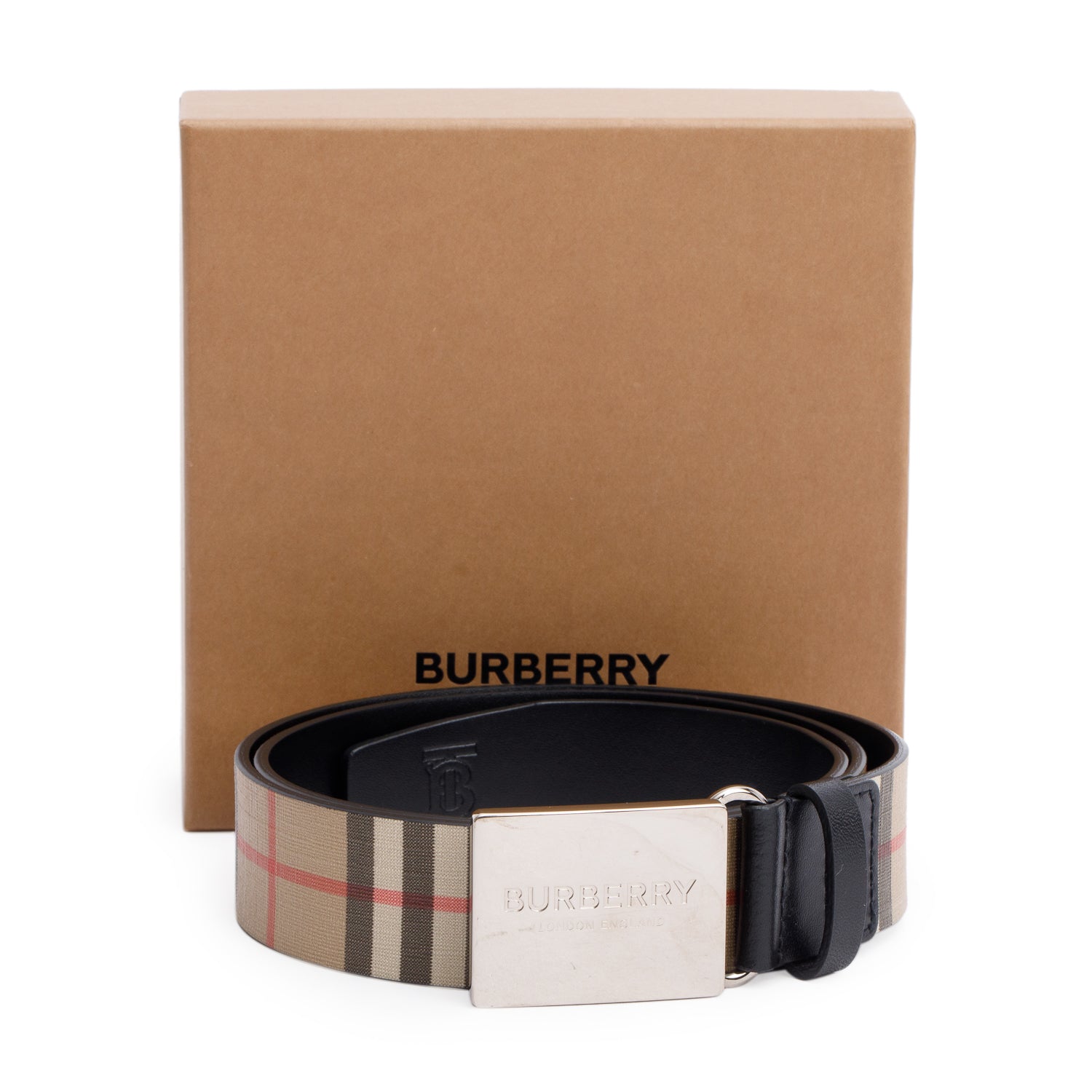 Burberry Biege Check Canvas Logo Plaque Buckle Belt 95 38 w/ Box