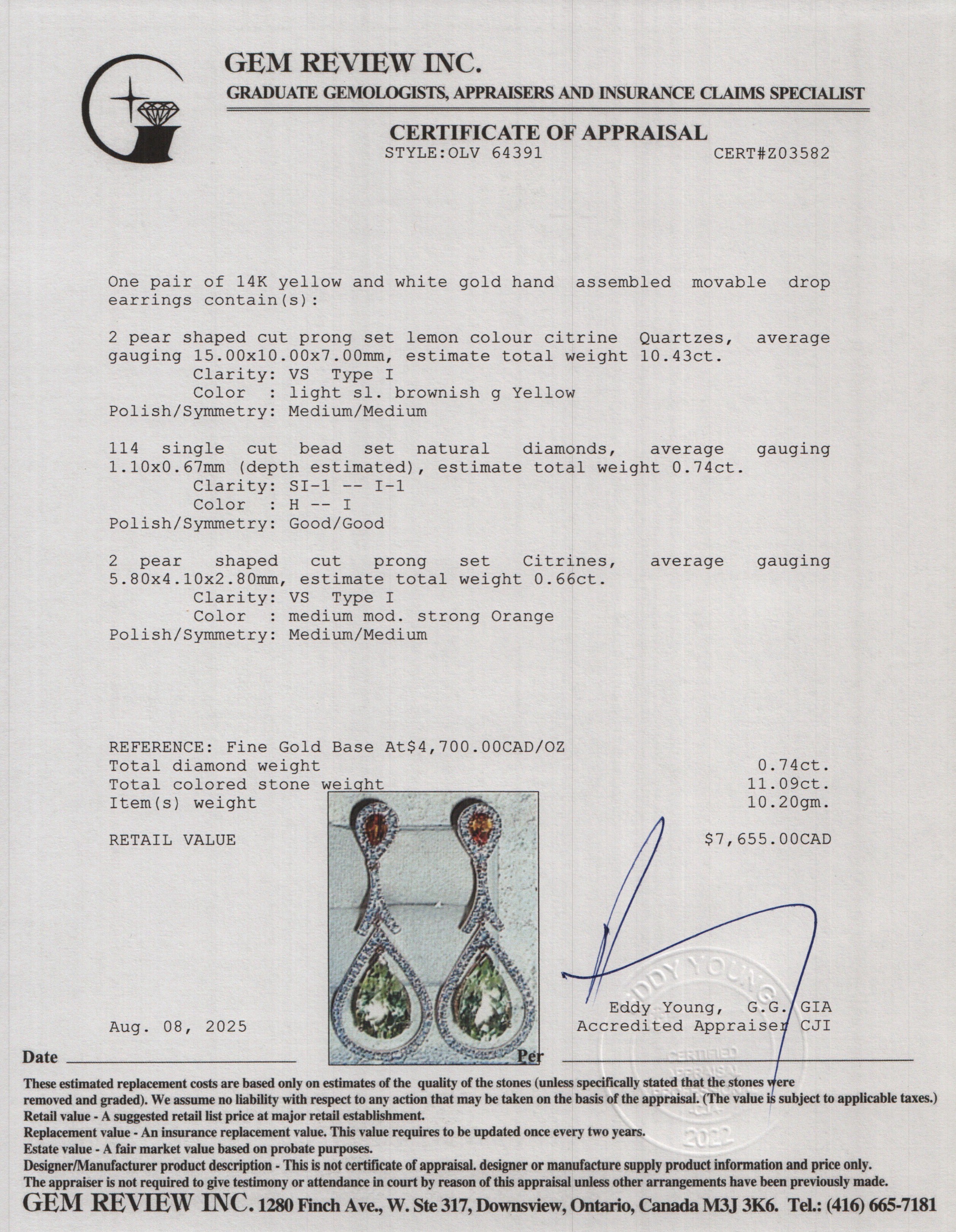 14k Yellow and White Gold Citrine & Diamond Drop Earrings