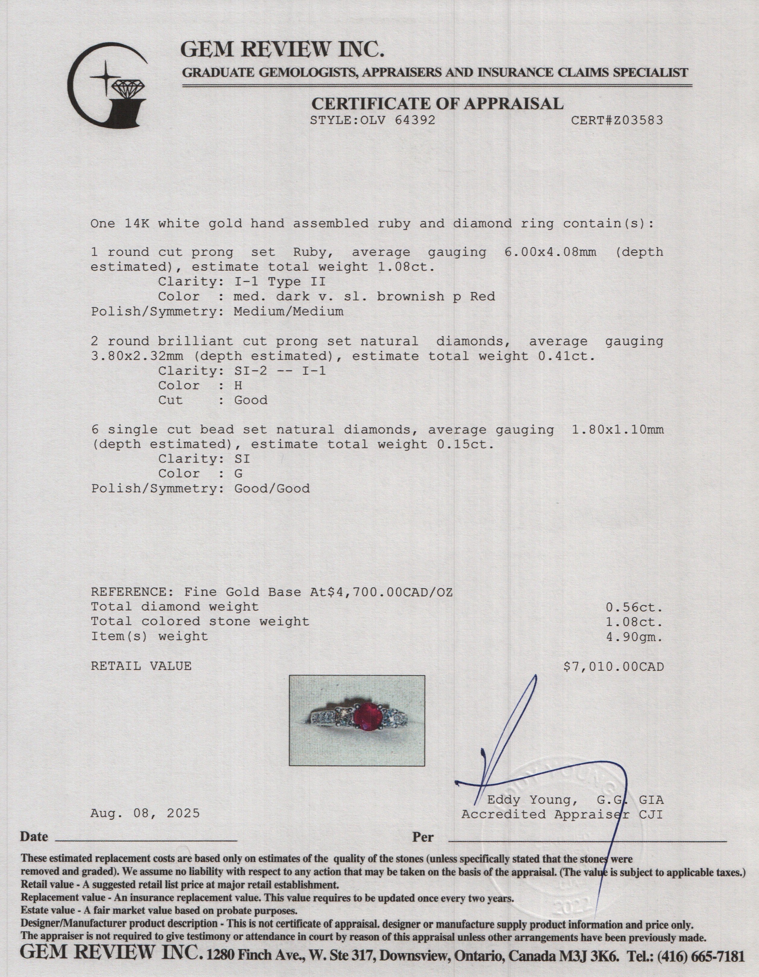 14k White Gold Ruby and Diamond Ring, Size 7