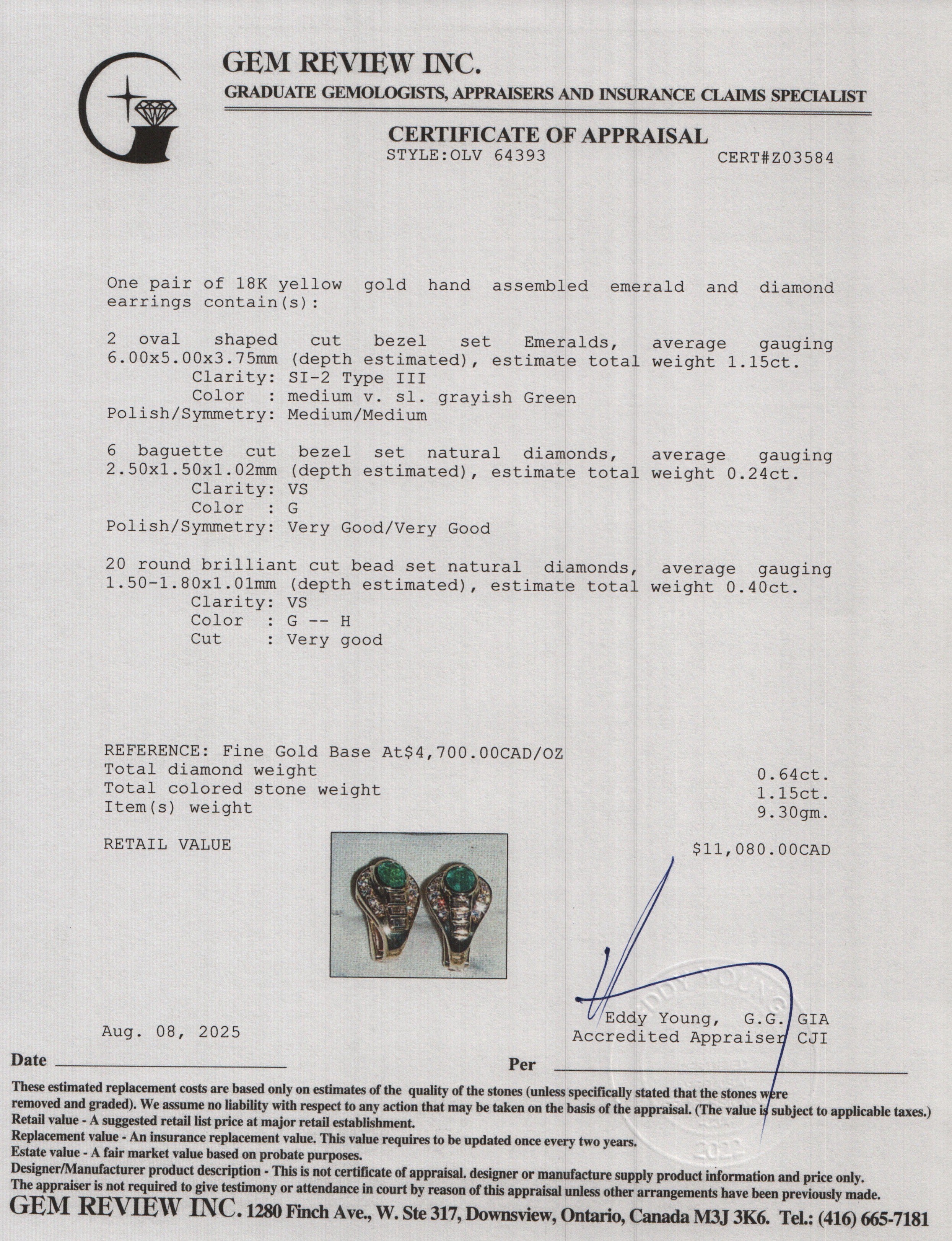 18k Yellow Gold Emerald and Diamond Earrings