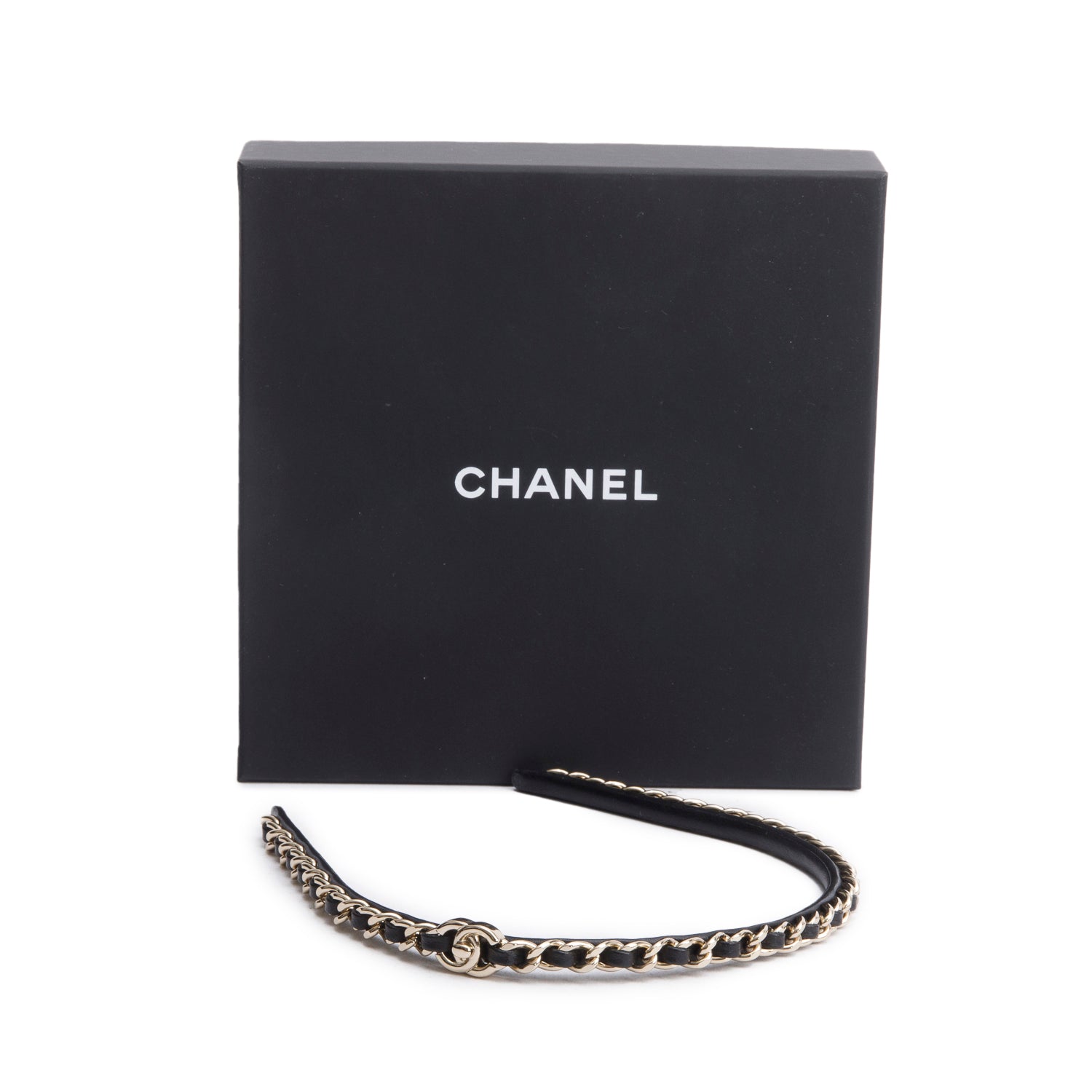 Chanel Black Leather Interlocking CC Chain-Link Head Band w/ Box