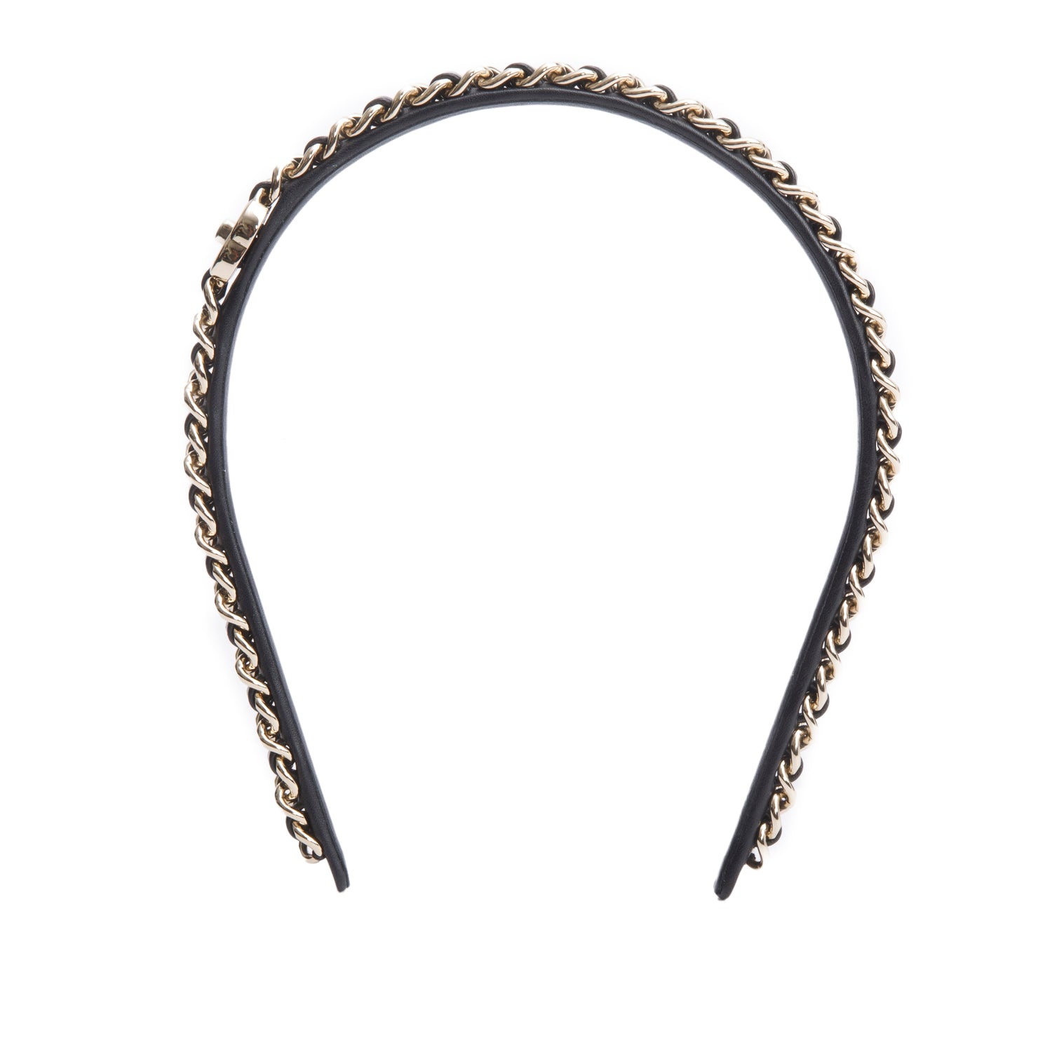 Chanel Black Leather Interlocking CC Chain-Link Head Band w/ Box