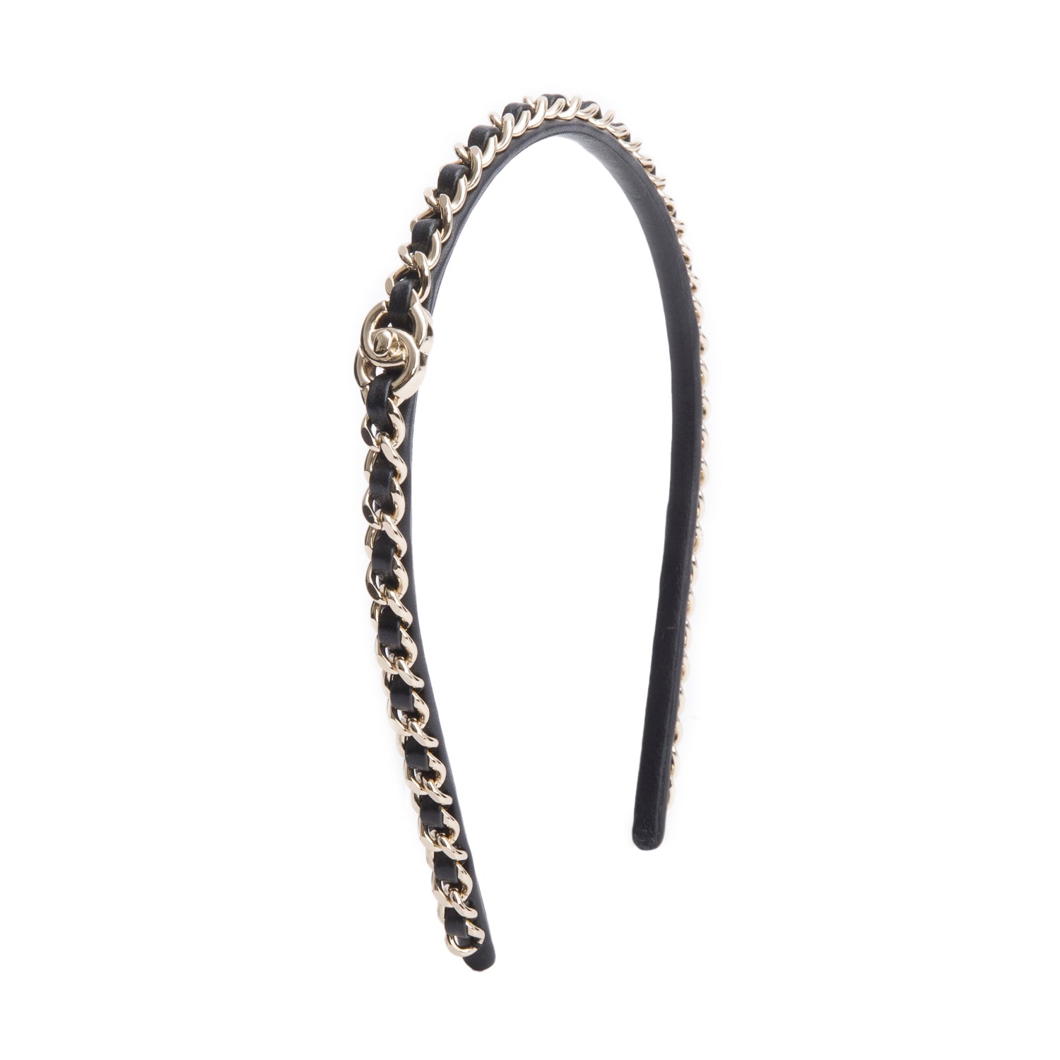 Chanel Black Leather Interlocking CC Chain-Link Head Band w/ Box