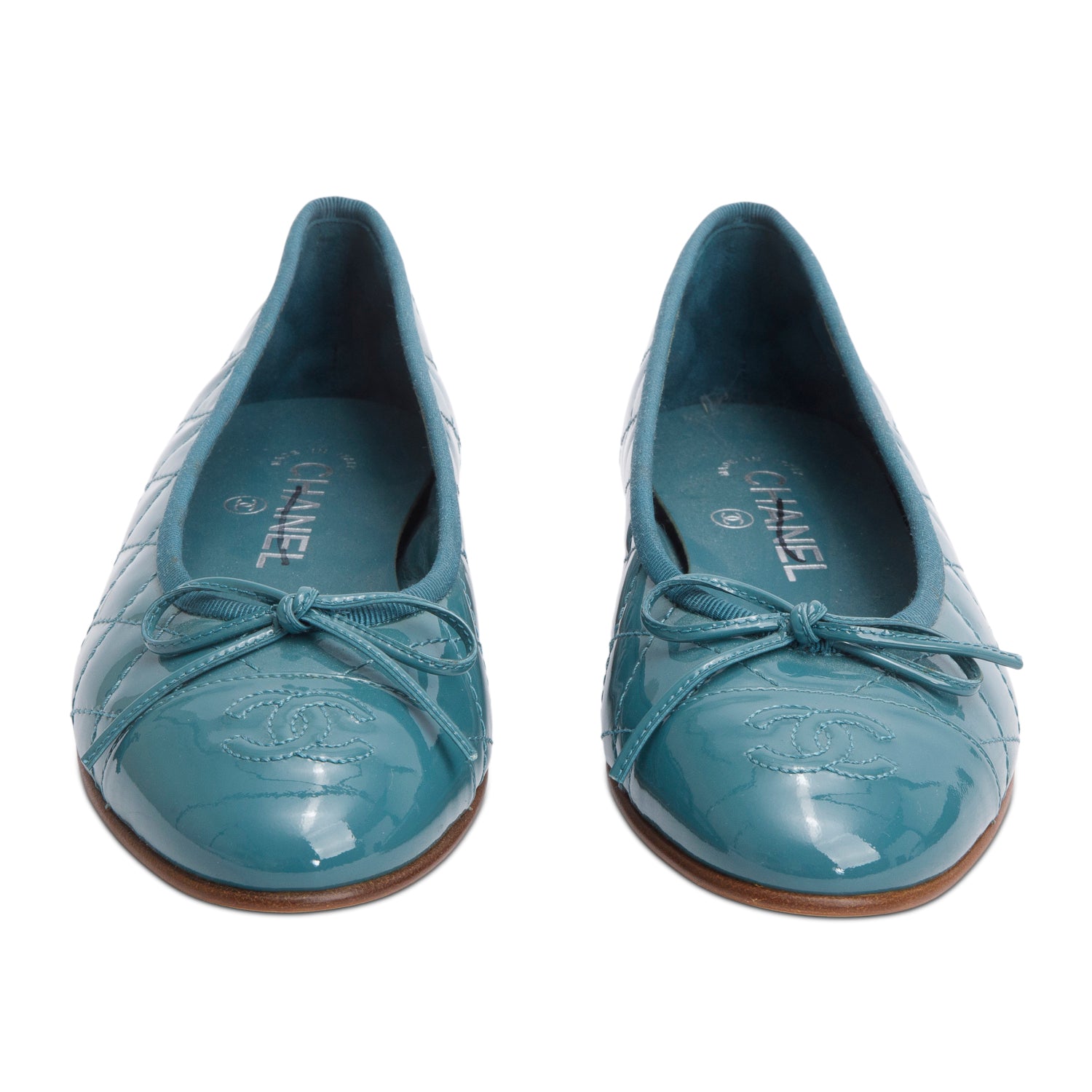 Chanel Teal Quilted Patent Leather Interlocking CC Logo Flats, Size 37