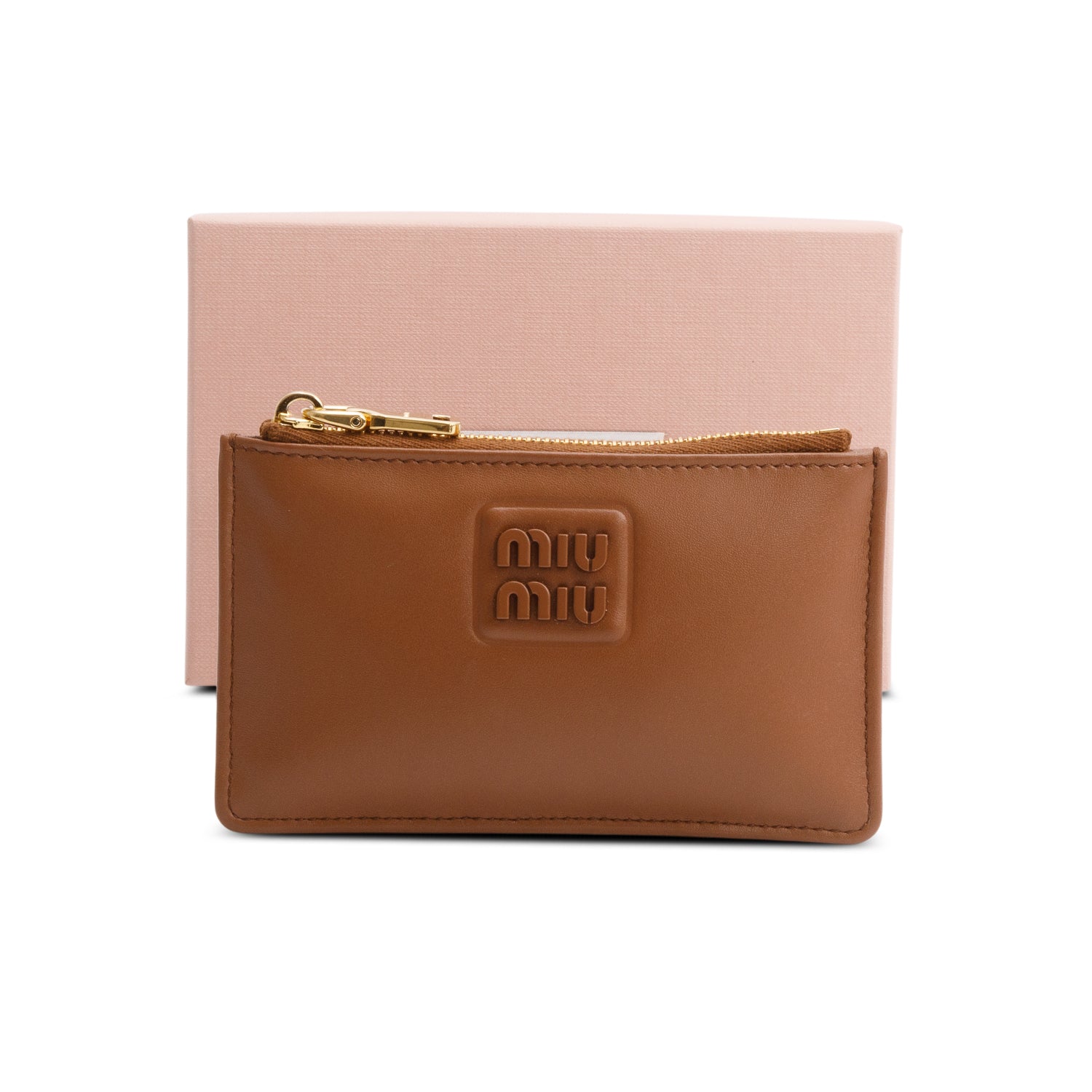 Miu Miu Blue Brown Nappa Leather Zip Card Case w/ Box