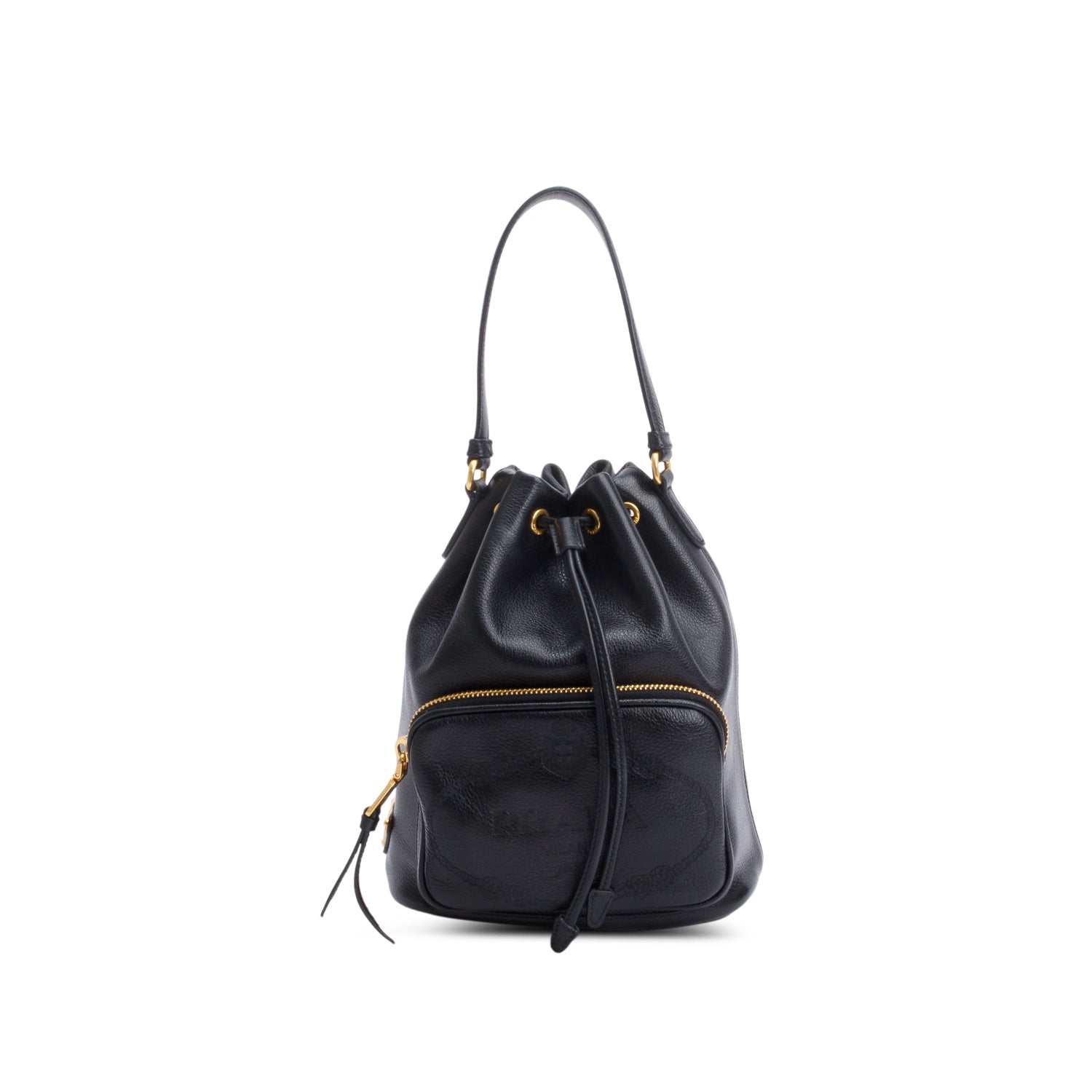 Prada Black Glace Calf Leather Logo Duet Bucket Bag w/ Strap & Authenticity Card