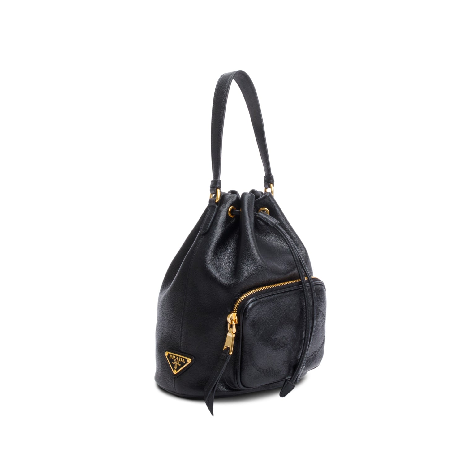 Prada Black Glace Calf Leather Logo Duet Bucket Bag w/ Strap & Authenticity Card