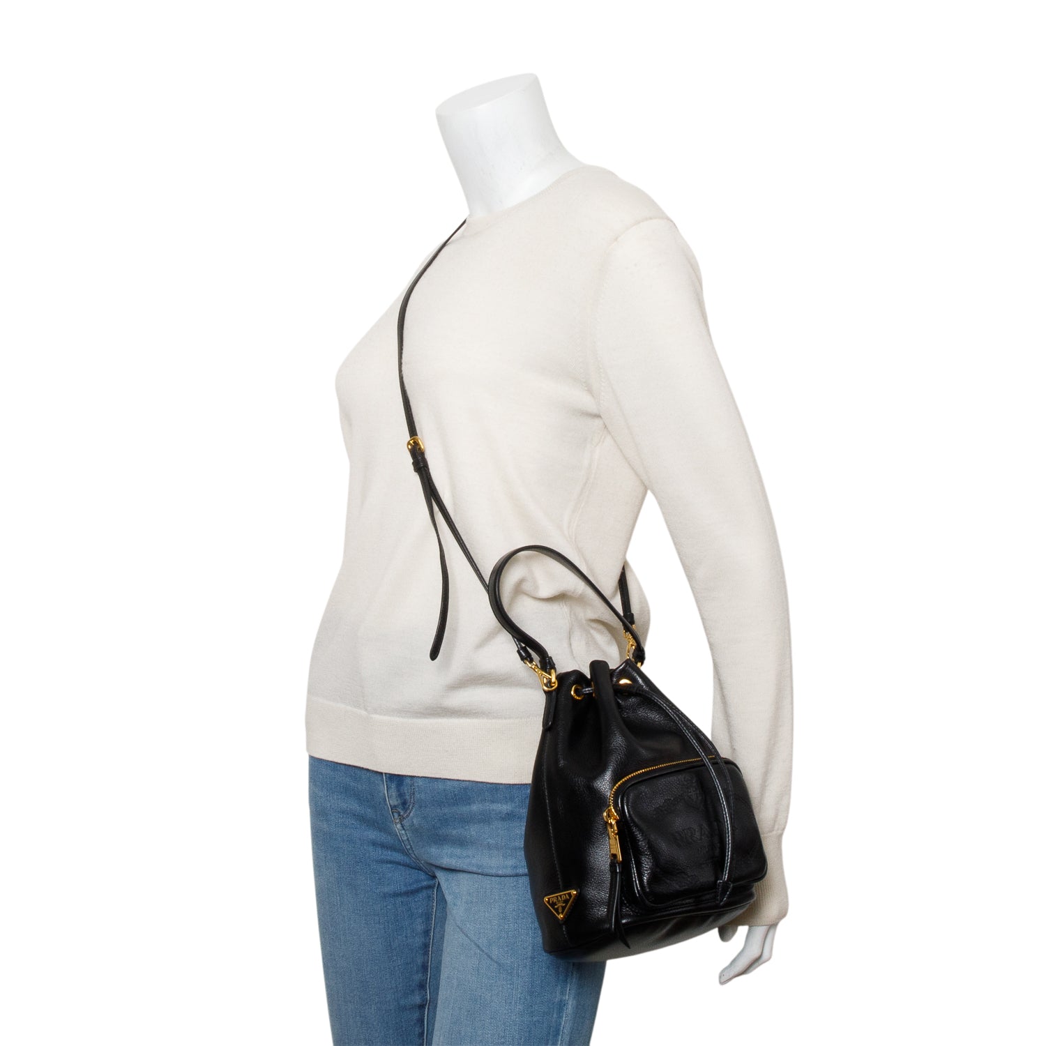 Prada Black Glace Calf Leather Logo Duet Bucket Bag w/ Strap & Authenticity Card