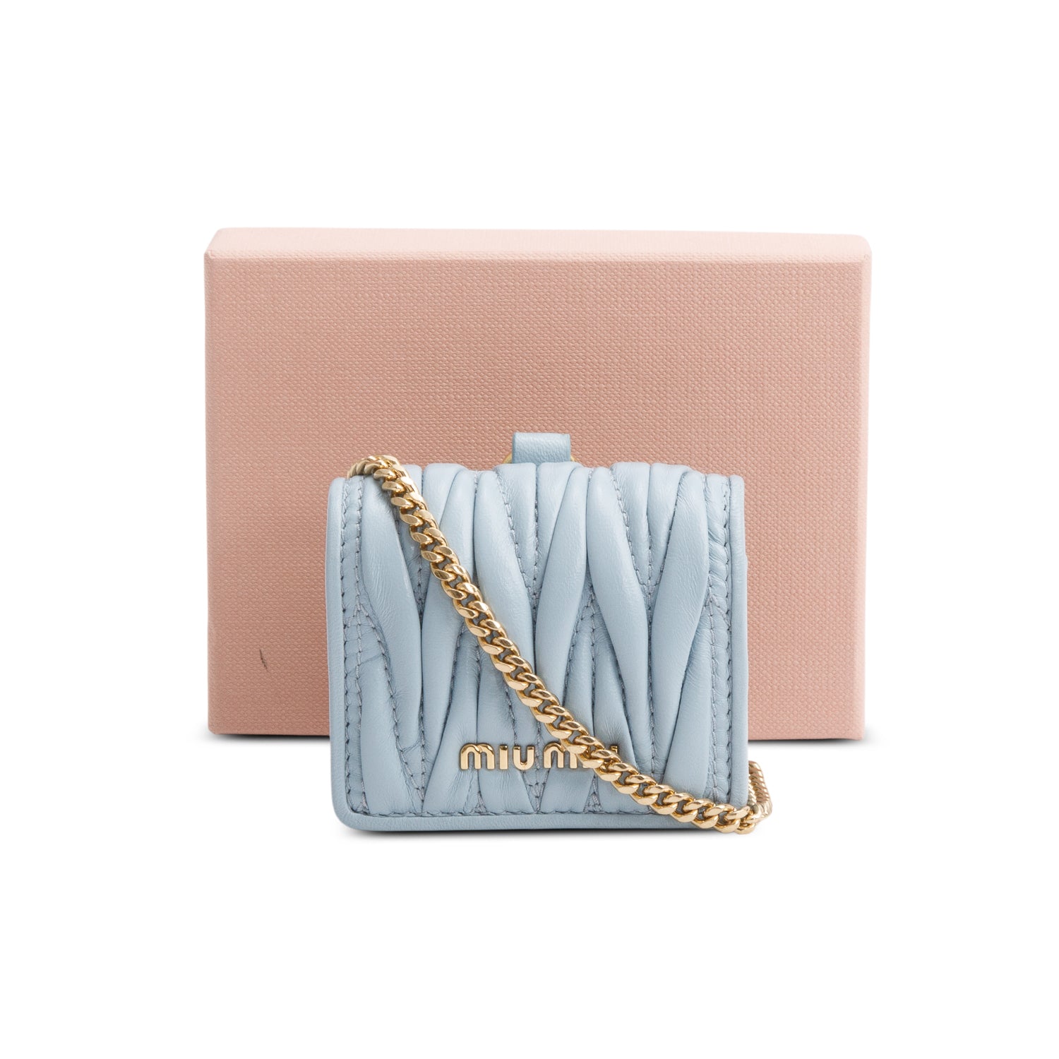 Miu Miu Blue Nappa Leather Airpod Case w/ Chain Strap & Box