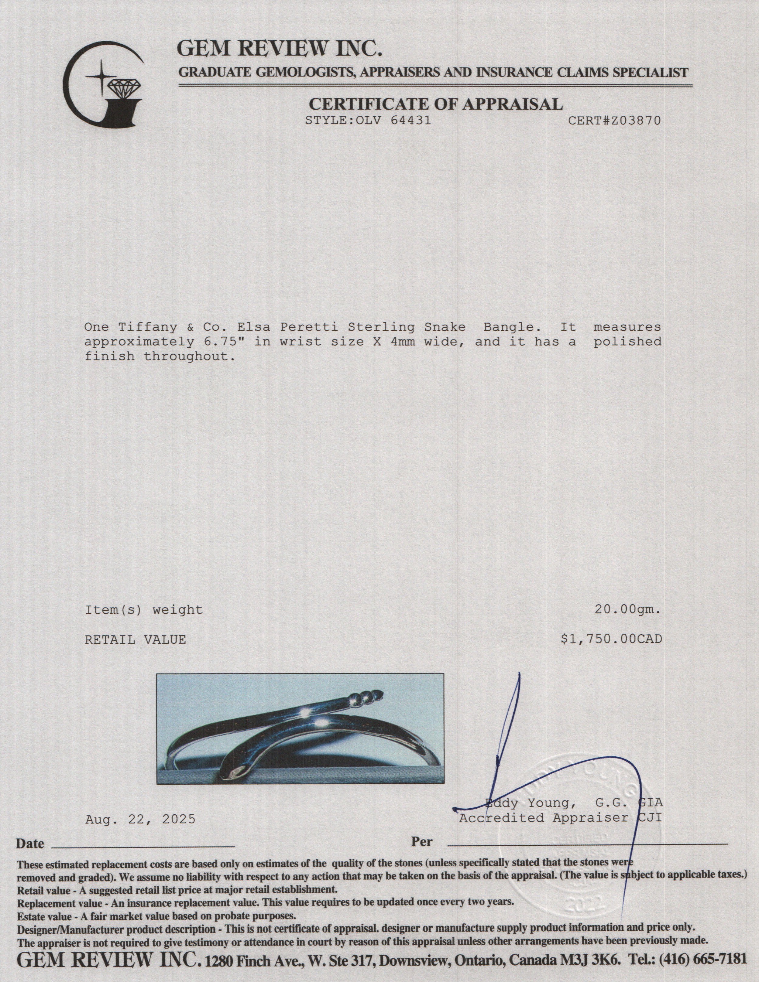 Tiffany & Co. Elsa Peretti Sterling Snake Bangle