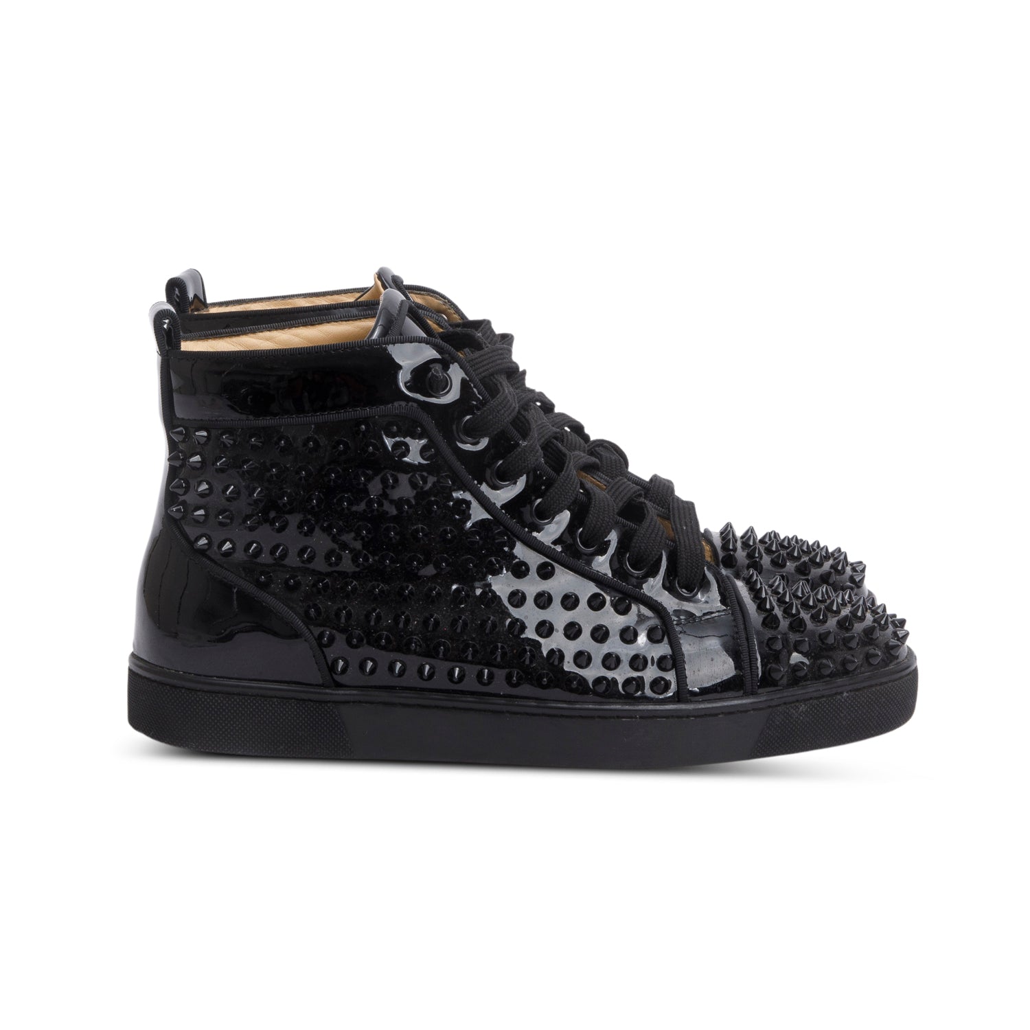 Christian Louboutin Patent Black Leather Louis Spikes Orlato High-Top Sneakers, Size 41.5