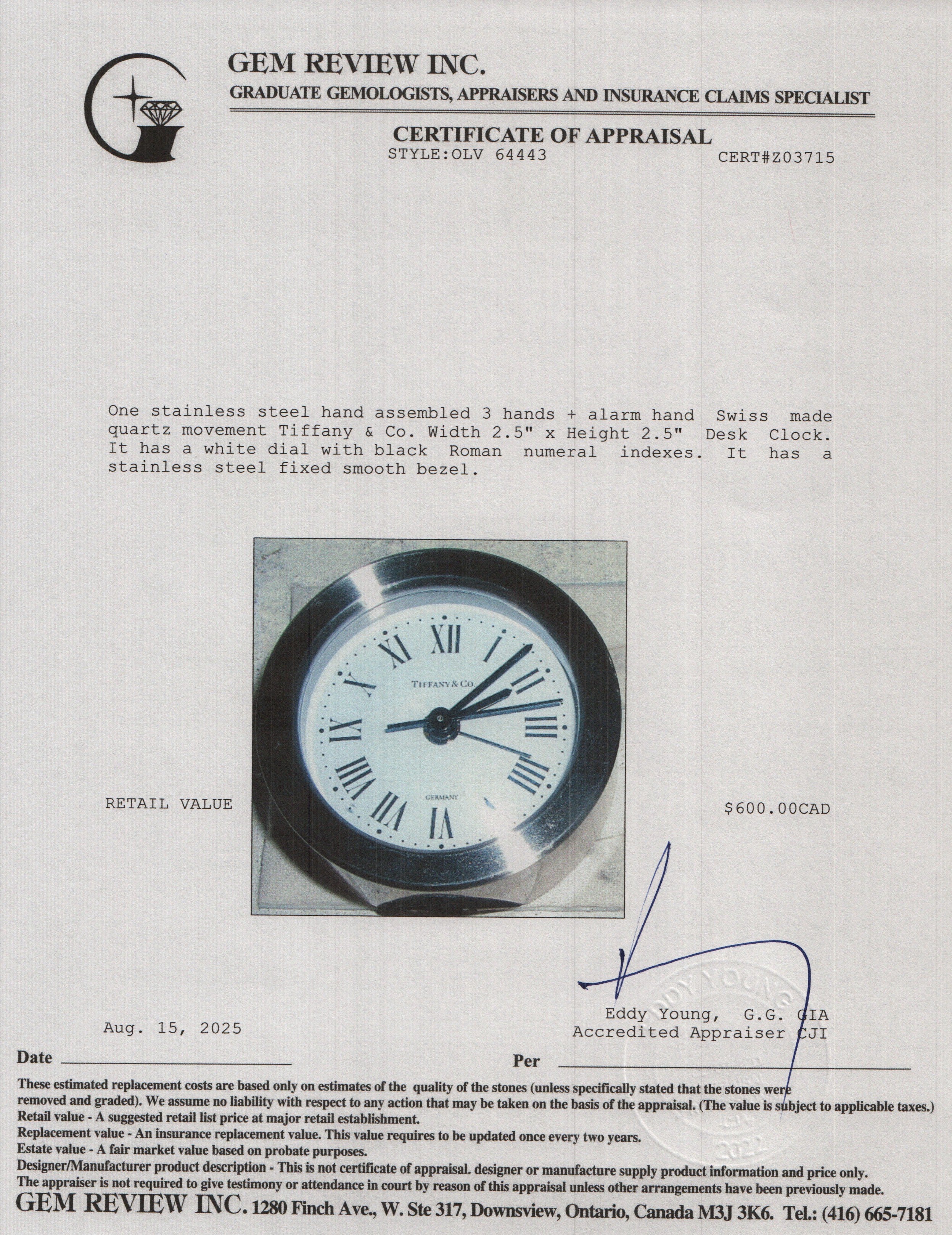 Tiffany & Co. Stainless Steel Desk Clock
