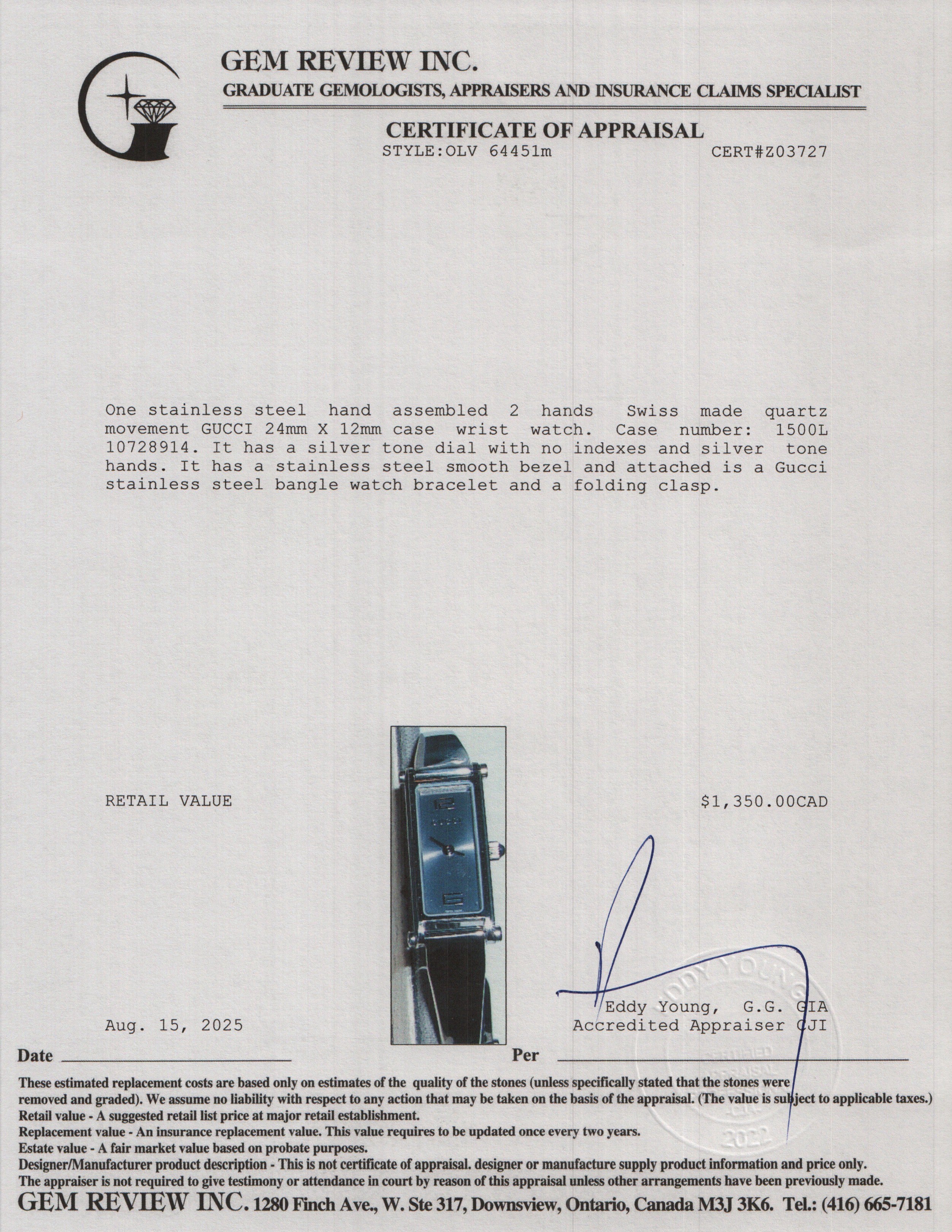 Gucci Stainless Steel 1500 Series Quartz Watch Silver Dial