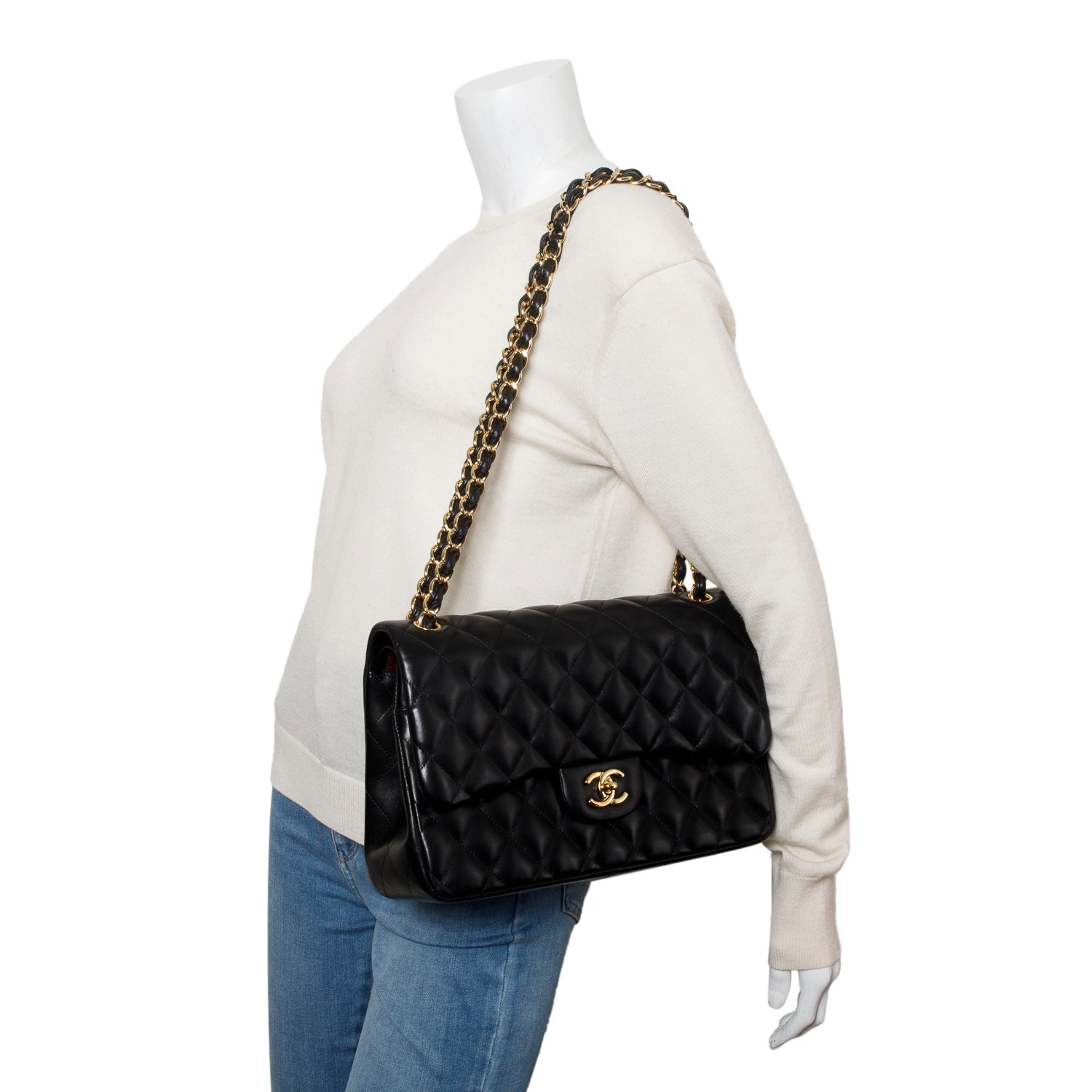 Chanel Black Quilted Lambskin Leather Classic Jumbo Double Flap Bag w/ Authenticity Card
