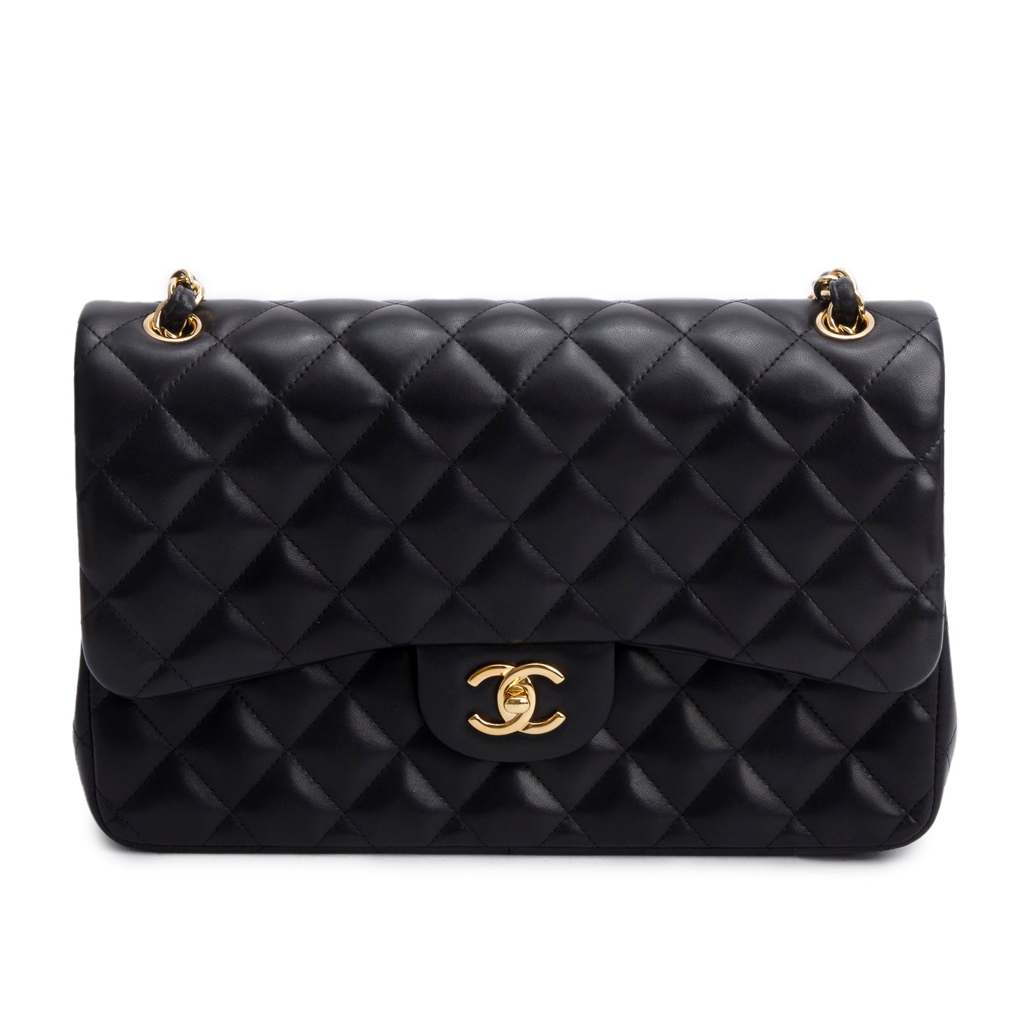Chanel Black Quilted Lambskin Leather Classic Jumbo Double Flap Bag w/ Authenticity Card