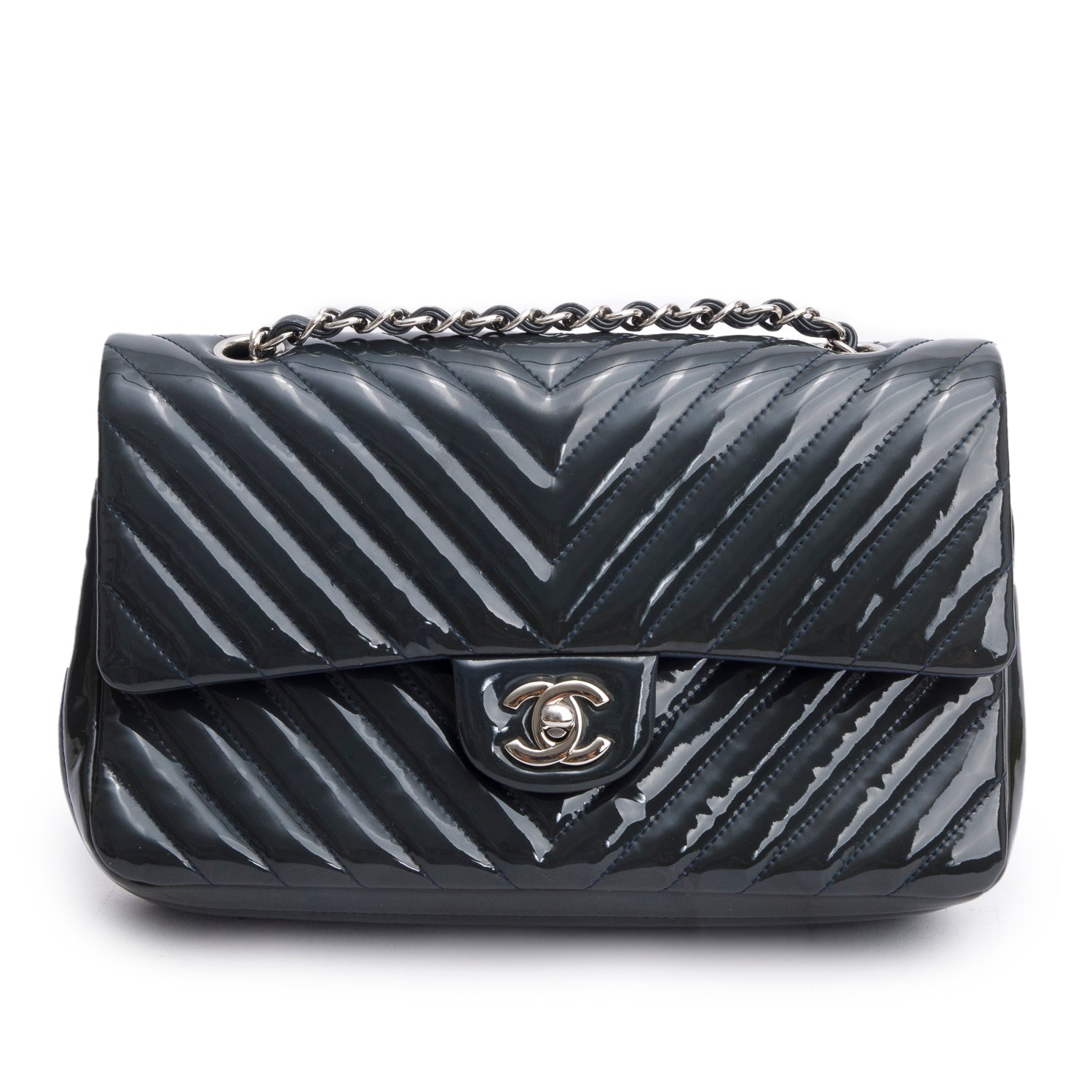 Chanel Grey Chevron Quilted Patent Leather Classic Medium Double Flap Bag