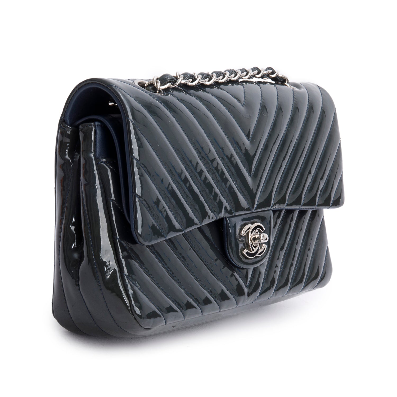 Chanel Grey Chevron Quilted Patent Leather Classic Medium Double Flap Bag