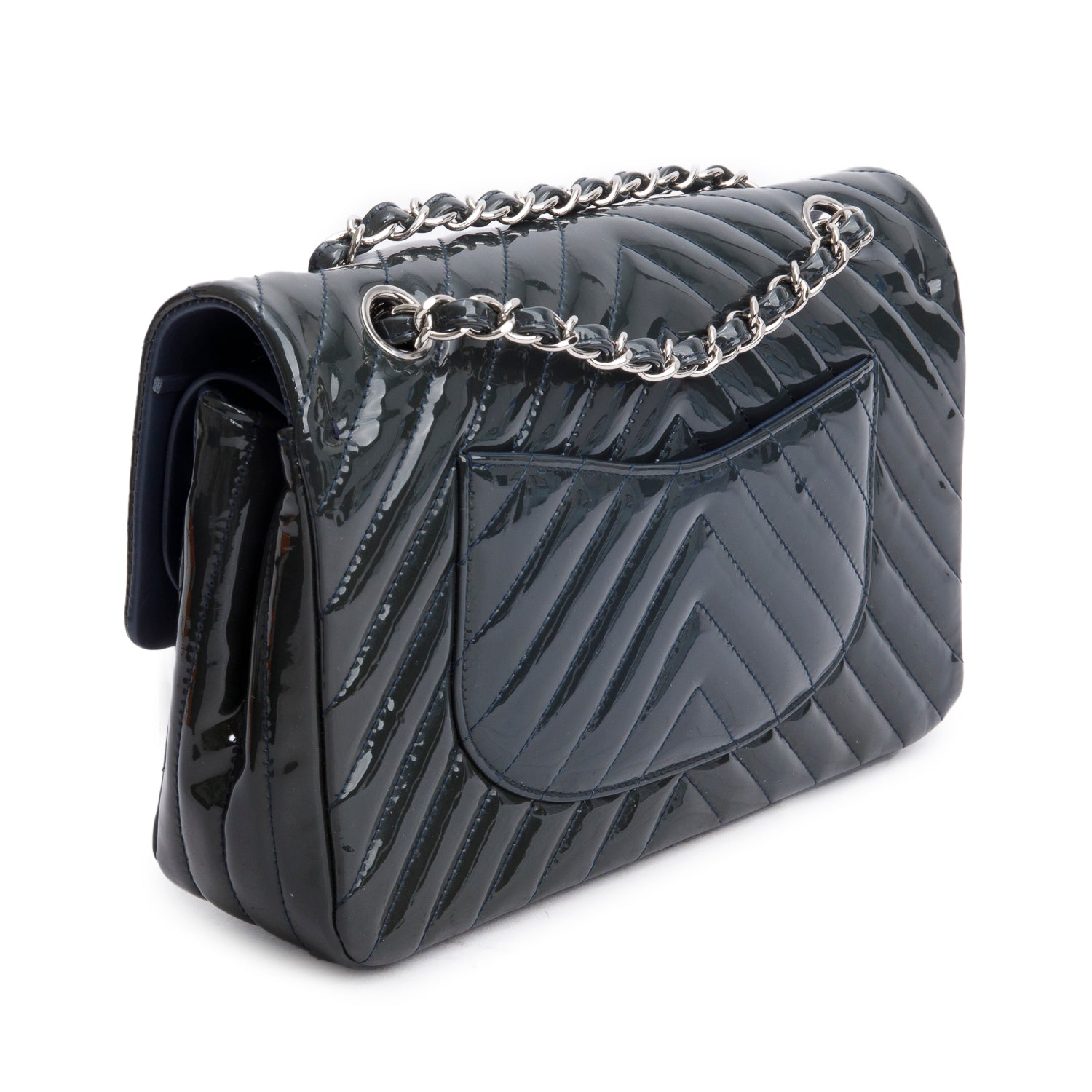 Chanel Grey Chevron Quilted Patent Leather Classic Medium Double Flap Bag