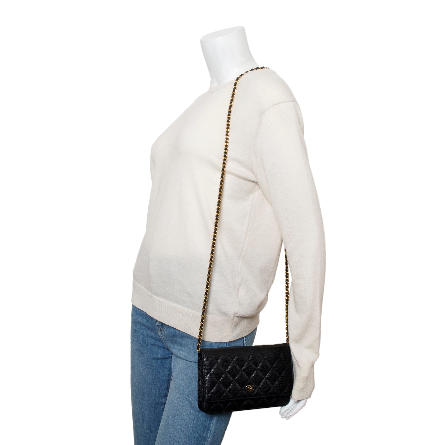 Chanel Black Quilted Caviar Leather Classic Wallet on Chain