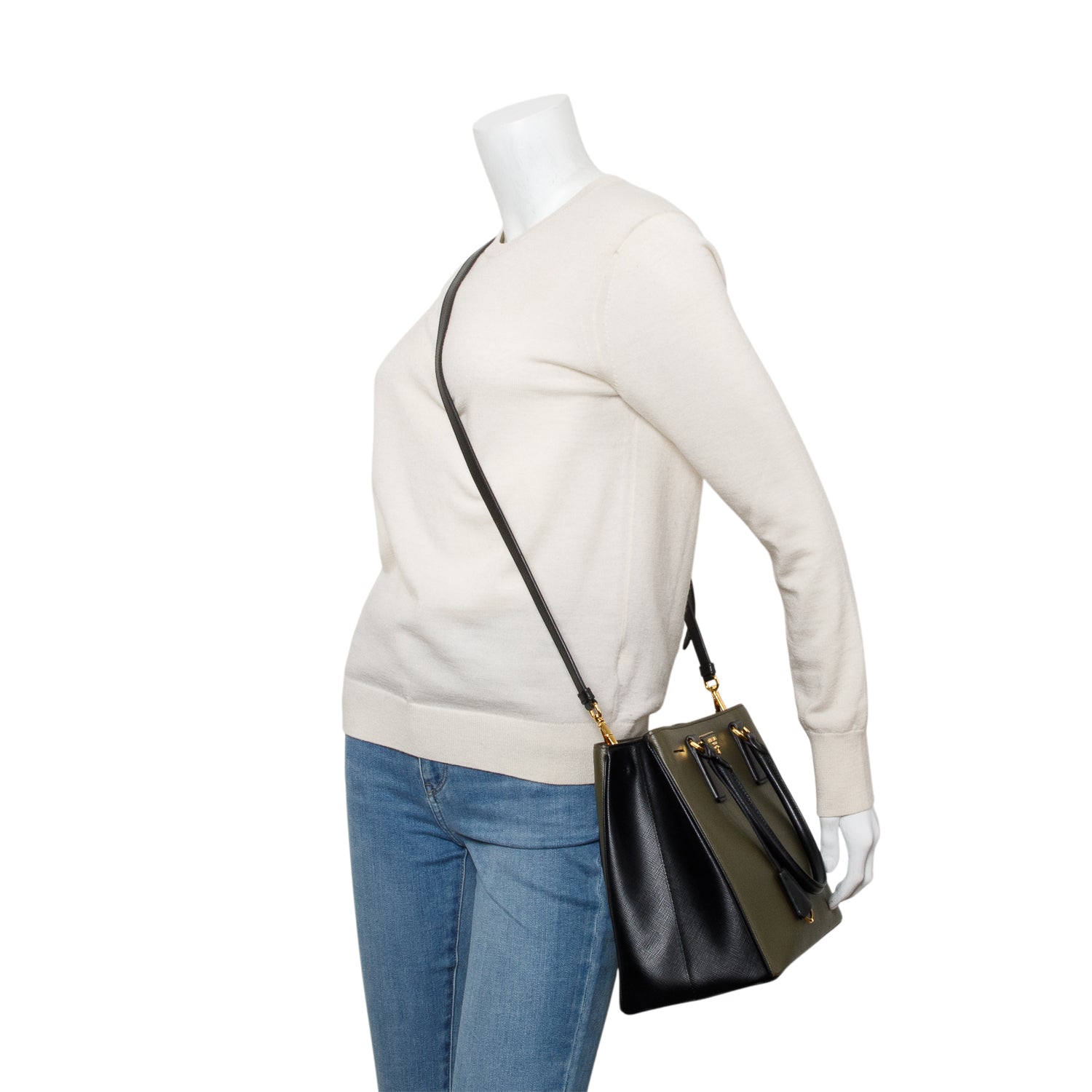 Prada Olive Green/Black Saffiano Lux Medium Galleria Tote w/ Strap & Authenticity Card