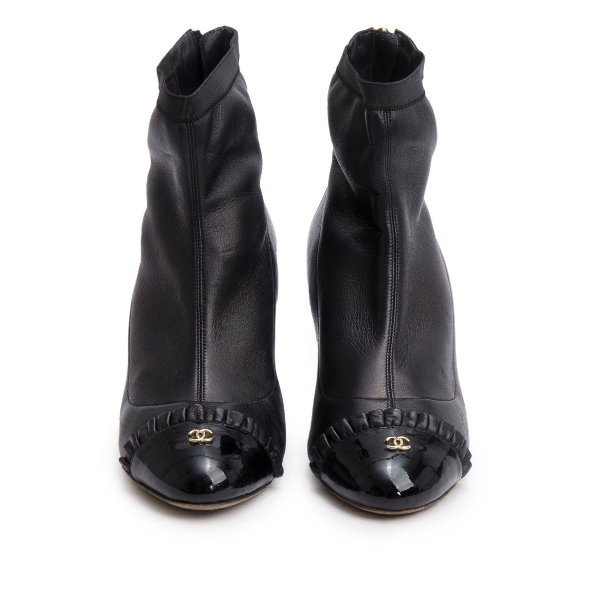 Chanel Black Leather Interlocking CC Logo Ruffled Ankle Boots, Size 39 ...