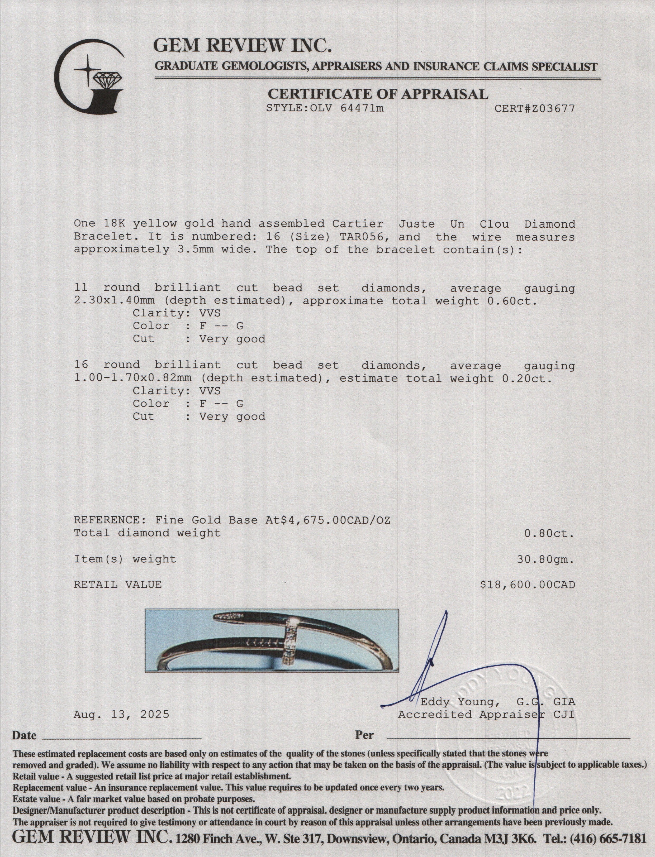 Cartier 2023 18k Yellow Gold Juste Un Clou Diamond Bracelet, Size 16 w/ Box & Certificate