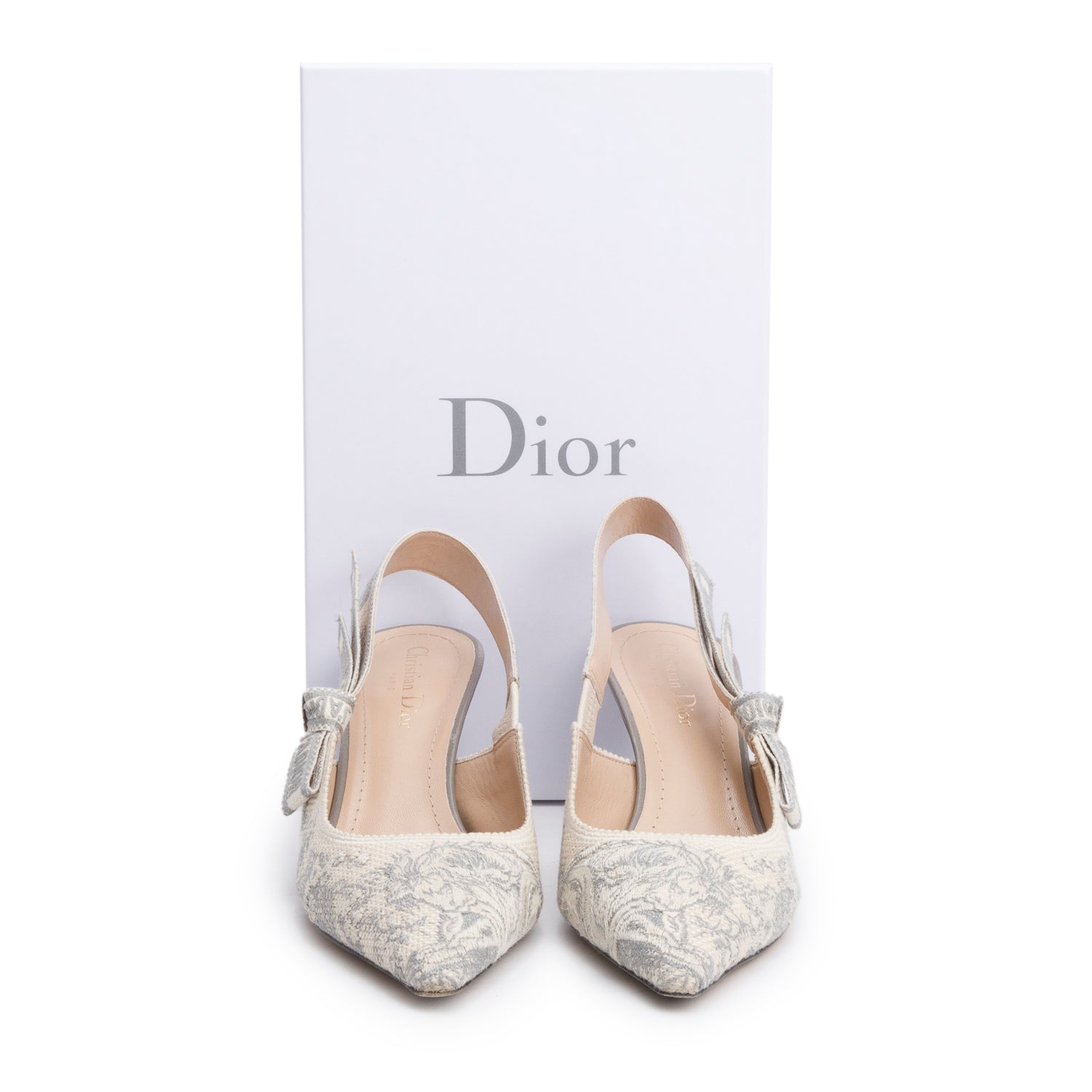 Christian Dior Grey Technical Fabric Toile De Jouy Embroidery J'Adior Slingback Pumps, Size 39 w/ Box
