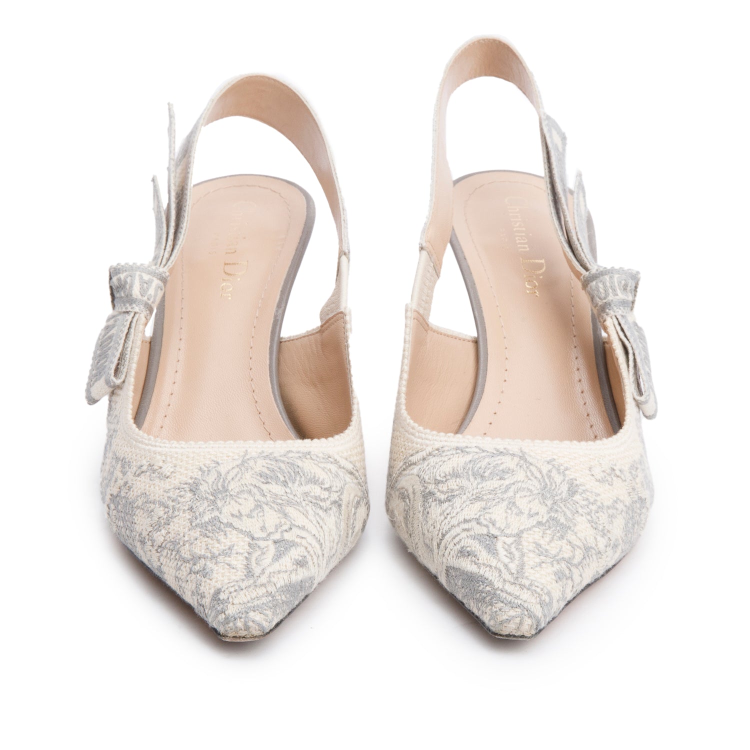 Christian Dior Grey Technical Fabric Toile De Jouy Embroidery J'Adior Slingback Pumps, Size 39 w/ Box